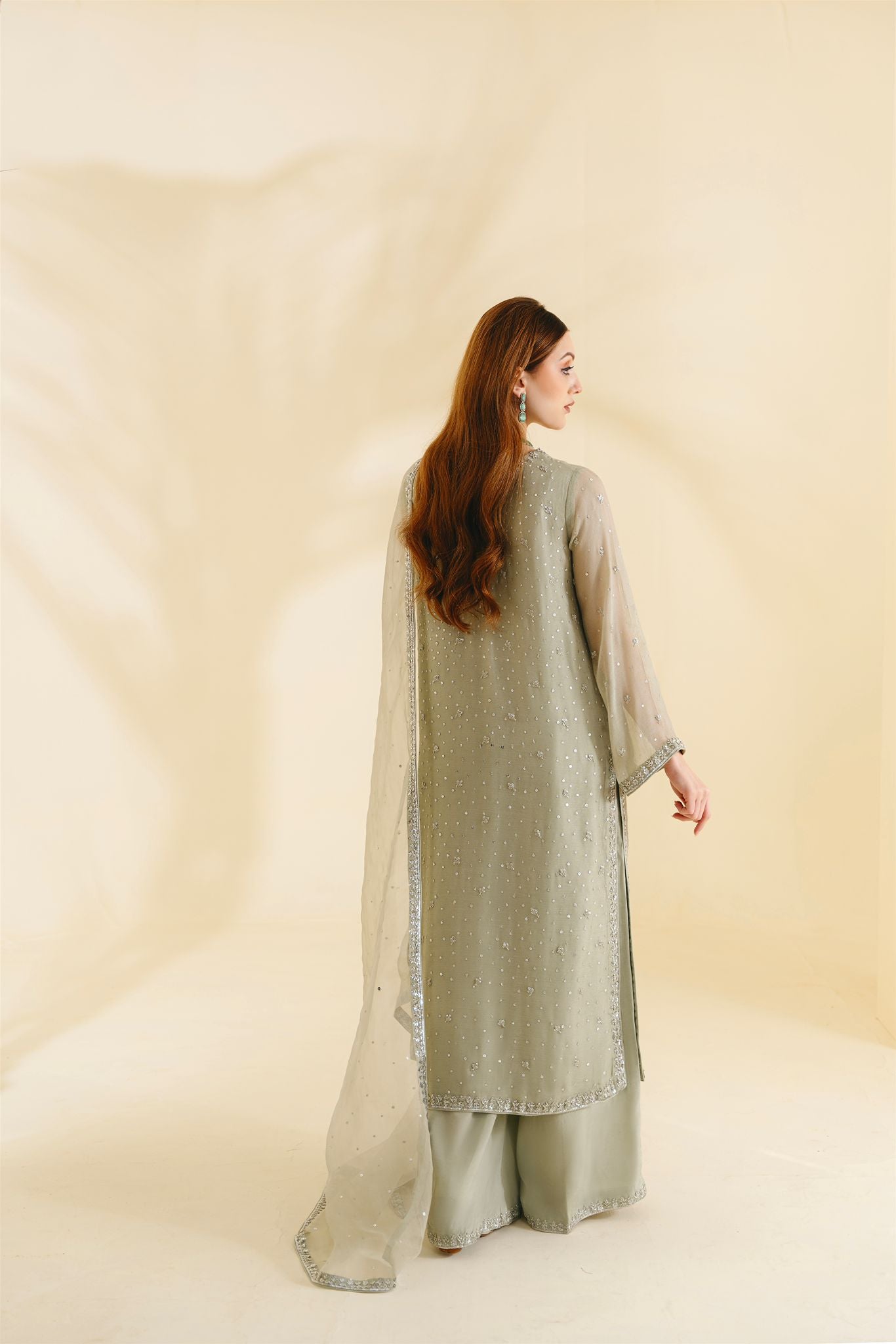 Pakistani Mint Green Embellished Cotton Net Salwar Kameez (3-Piece) - Image 3