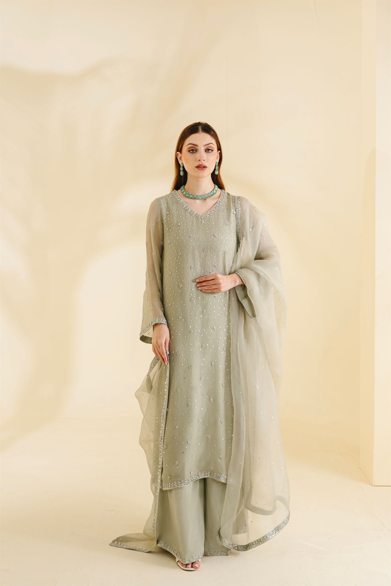 Pakistani Mint Green Embellished Cotton Net Salwar Kameez (3-Piece) - Image 5