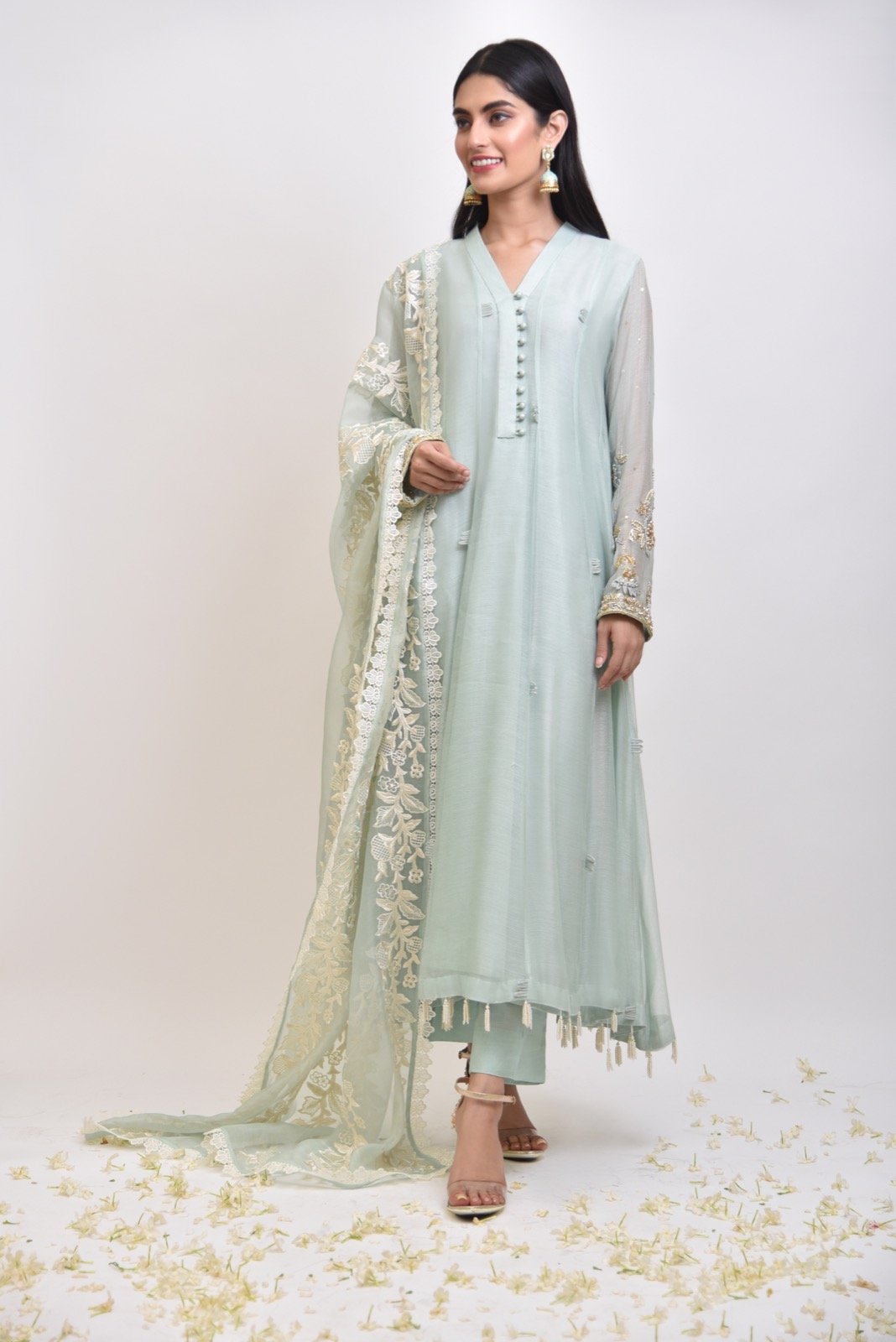 Pistachio Embroidered Cotton Net Salwar Kameez (3-Piece) - Image 1