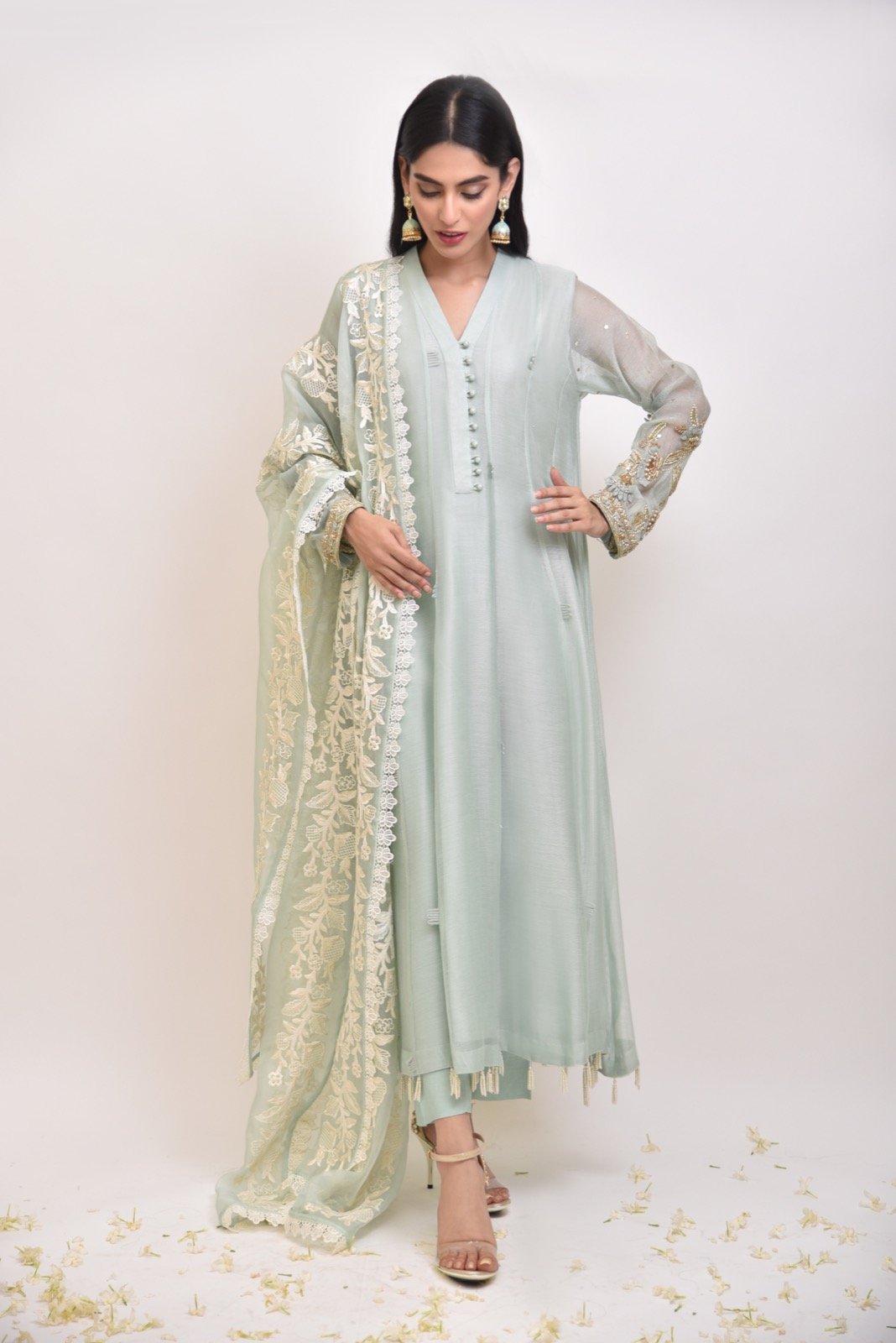 Pistachio Embroidered Cotton Net Salwar Kameez (3-Piece) - Image 2