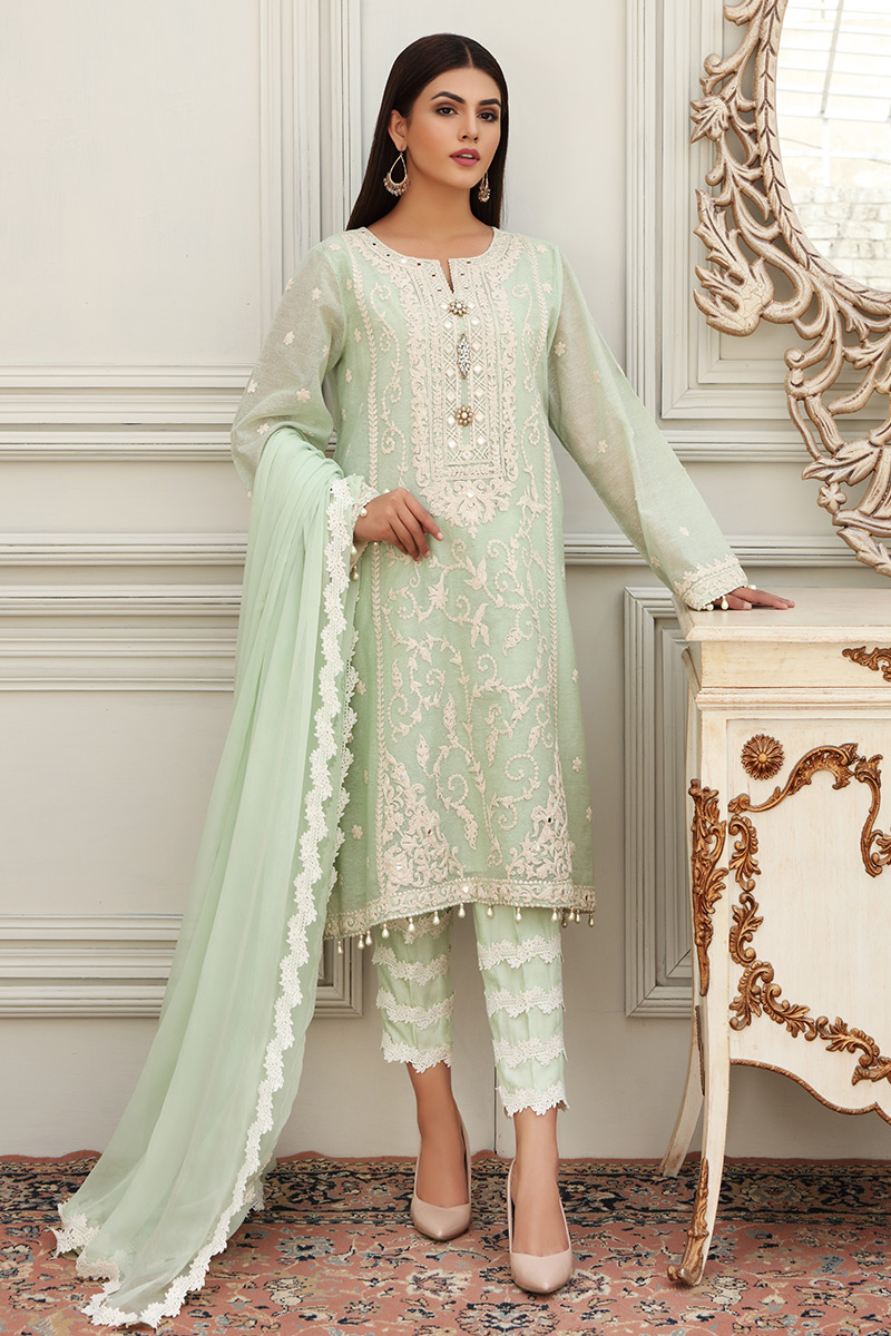 Pakistani Mint Green Embroidered Cotton Net Salwar Kameez (3-Piece) - Image 1