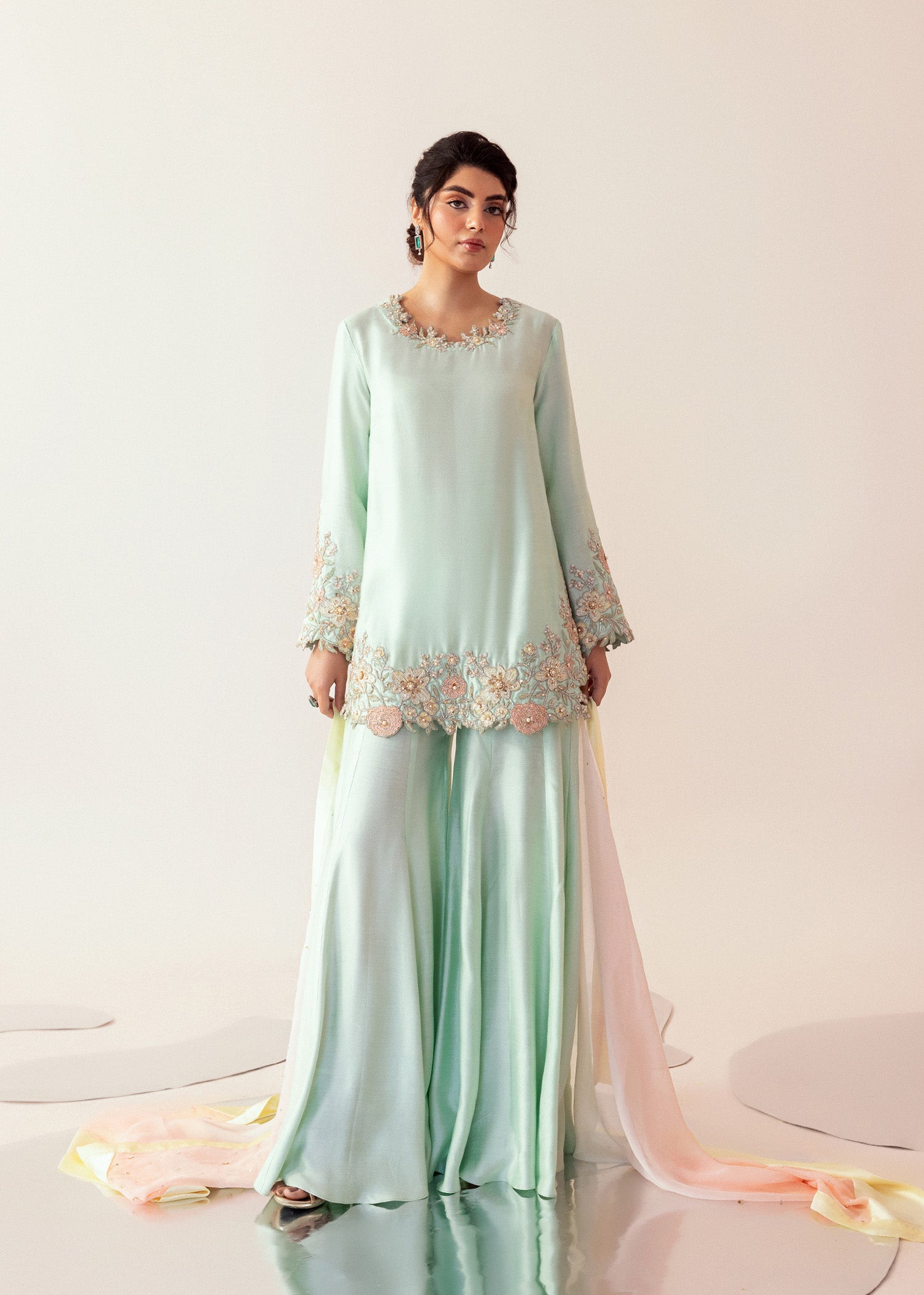 Pakistani Sea Green Embroidered Cotton Net Salwar Kameez (3-Piece) - Image 1