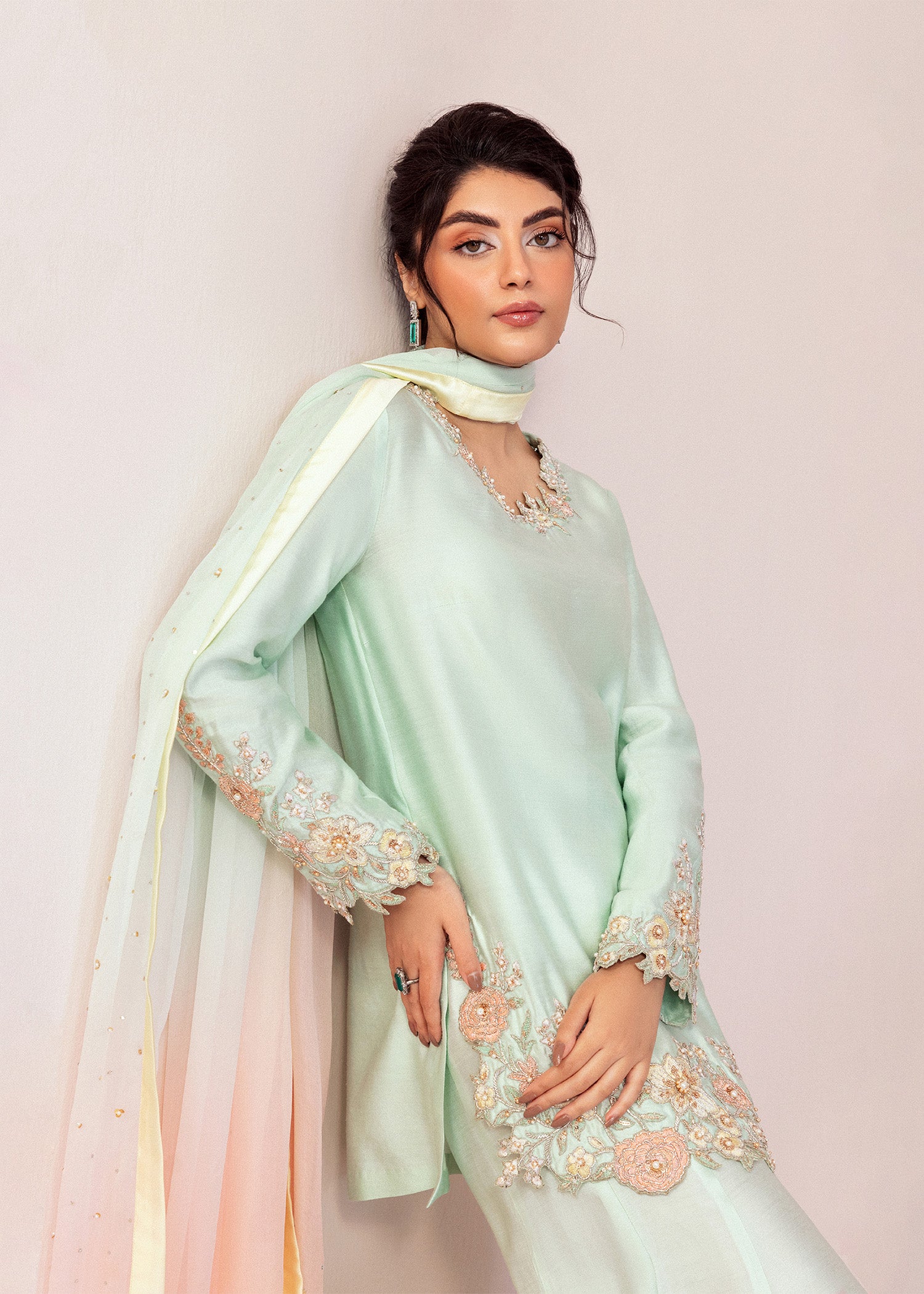 Pakistani Sea Green Embroidered Cotton Net Salwar Kameez (3-Piece) - Image 2