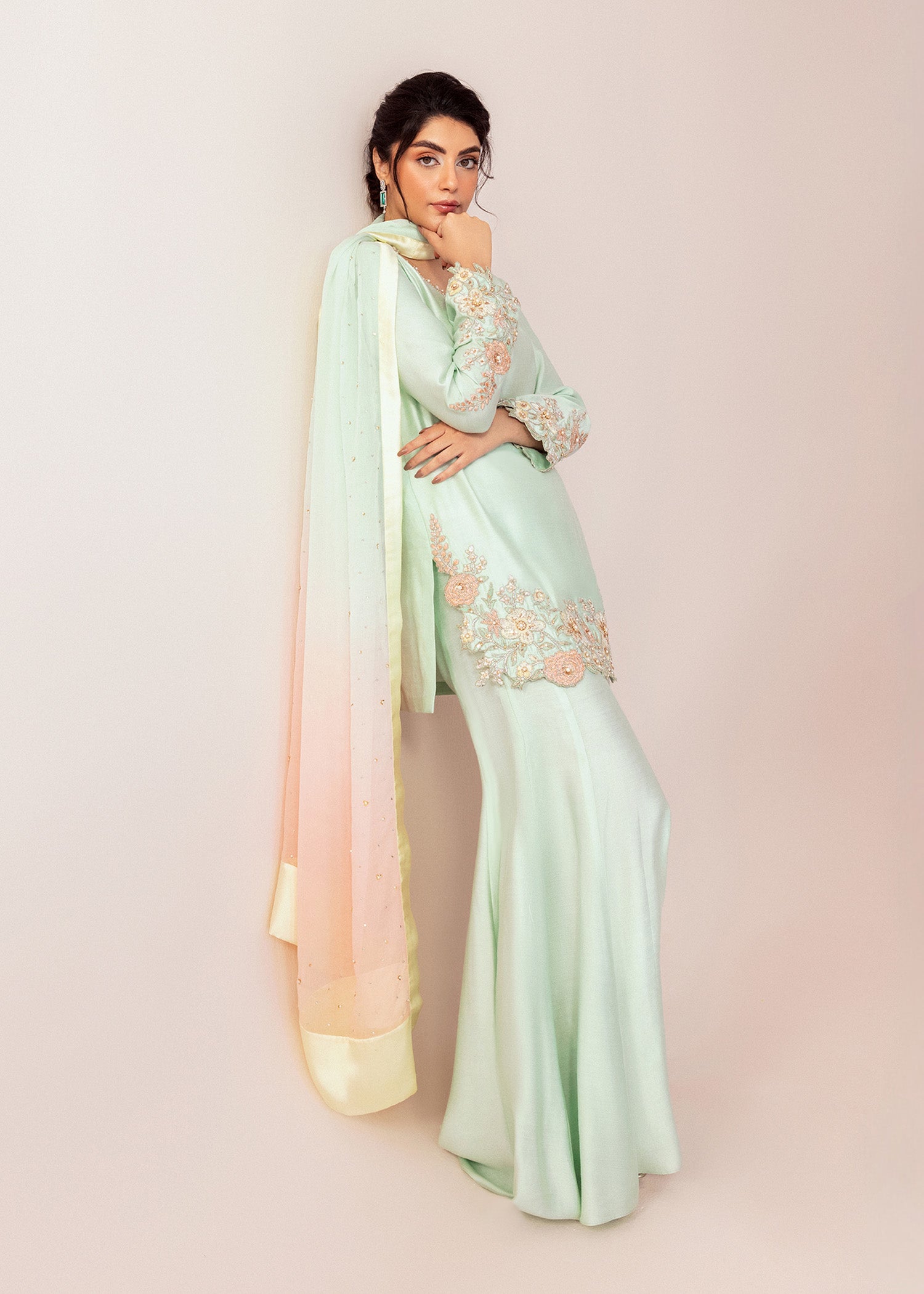 Pakistani Sea Green Embroidered Cotton Net Salwar Kameez (3-Piece) - Image 3