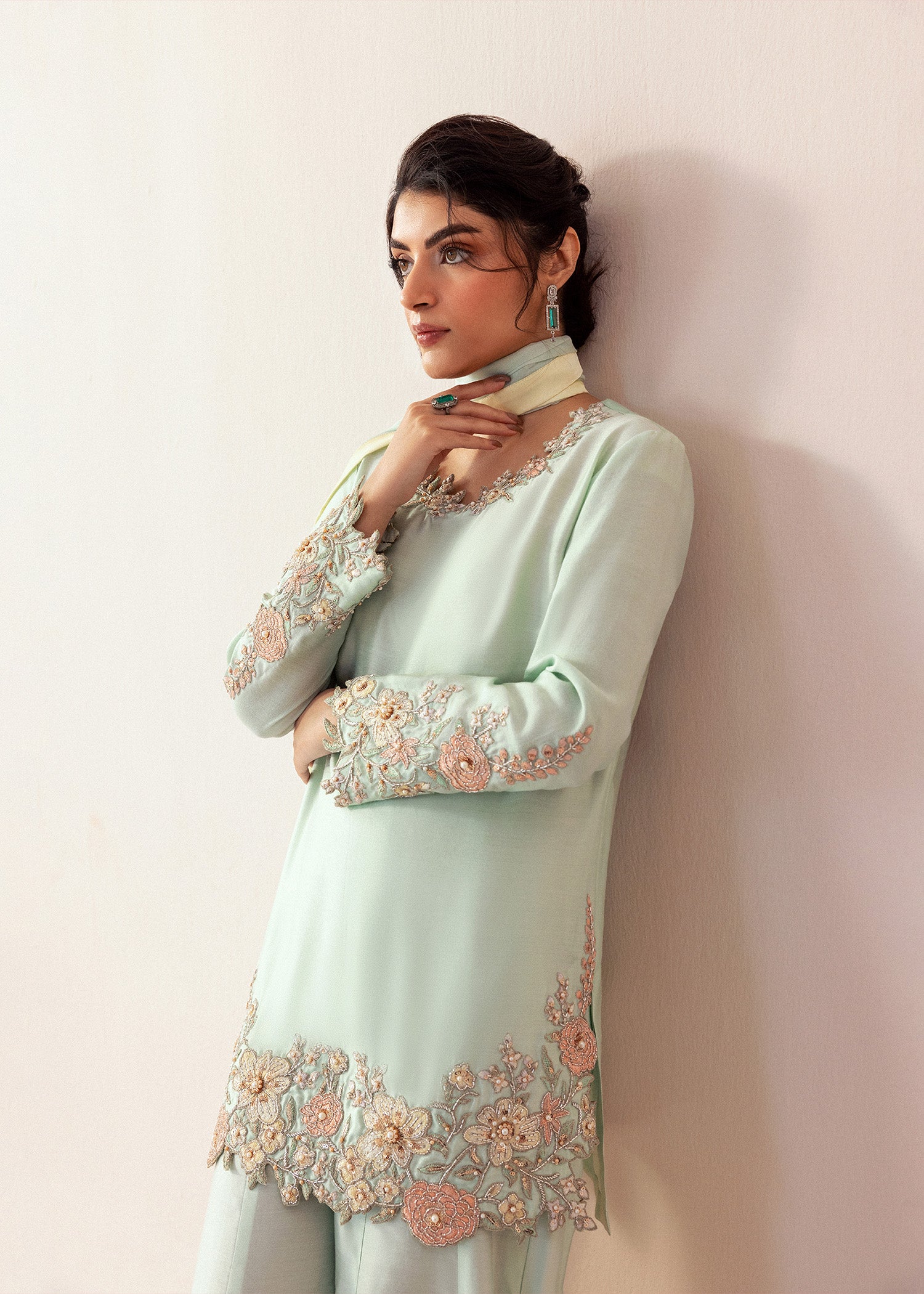 Pakistani Sea Green Embroidered Cotton Net Salwar Kameez (3-Piece) - Image 4