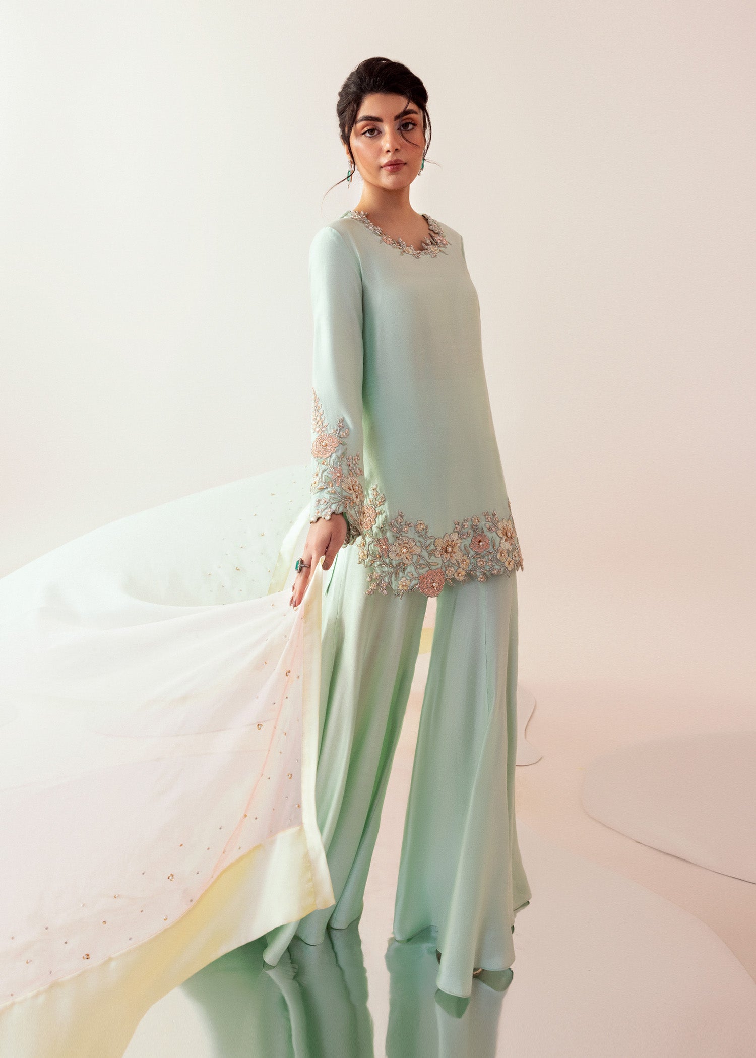 Pakistani Sea Green Embroidered Cotton Net Salwar Kameez (3-Piece) - Image 5