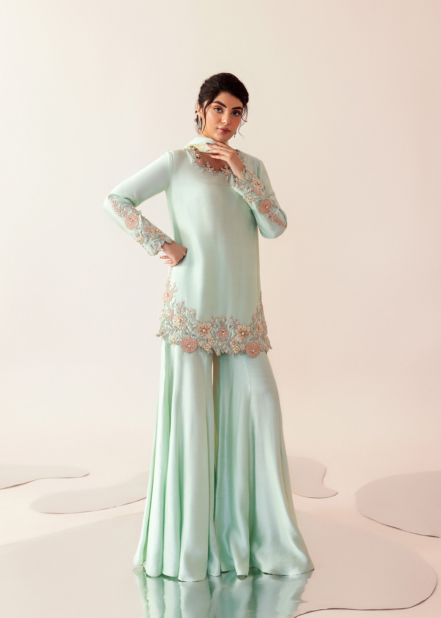 Pakistani Sea Green Embroidered Cotton Net Salwar Kameez (3-Piece) - Image 7