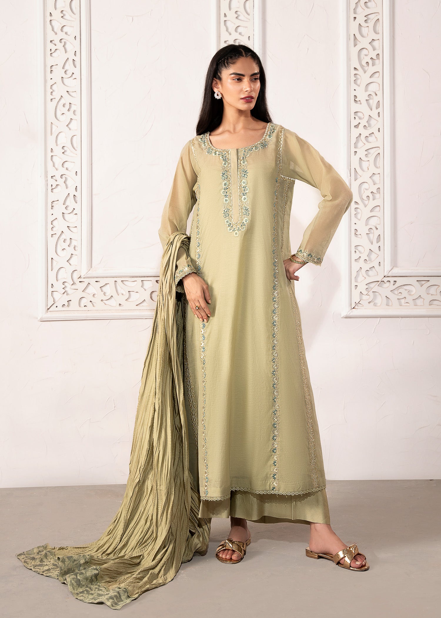 Pakistani Sage Green Embroidered Cotton Silk Kalidaar Kurta (3-Piece) - Image 1
