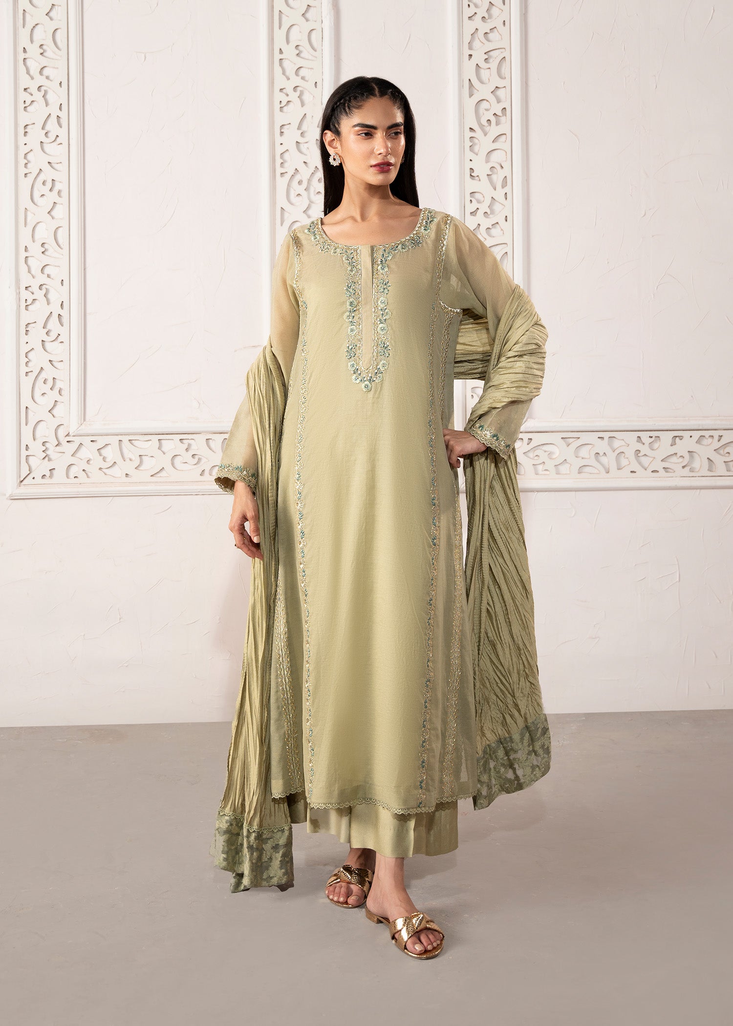 Pakistani Sage Green Embroidered Cotton Silk Kalidaar Kurta (3-Piece) - Image 2