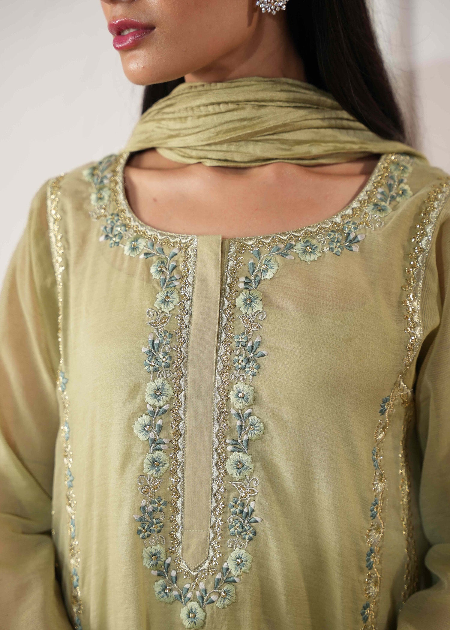 Pakistani Sage Green Embroidered Cotton Silk Kalidaar Kurta (3-Piece) - Image 3