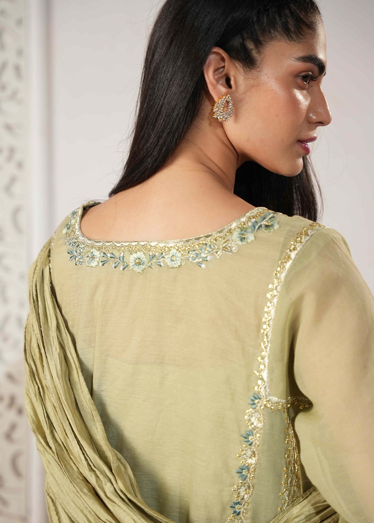 Pakistani Sage Green Embroidered Cotton Silk Kalidaar Kurta (3-Piece) - Image 4