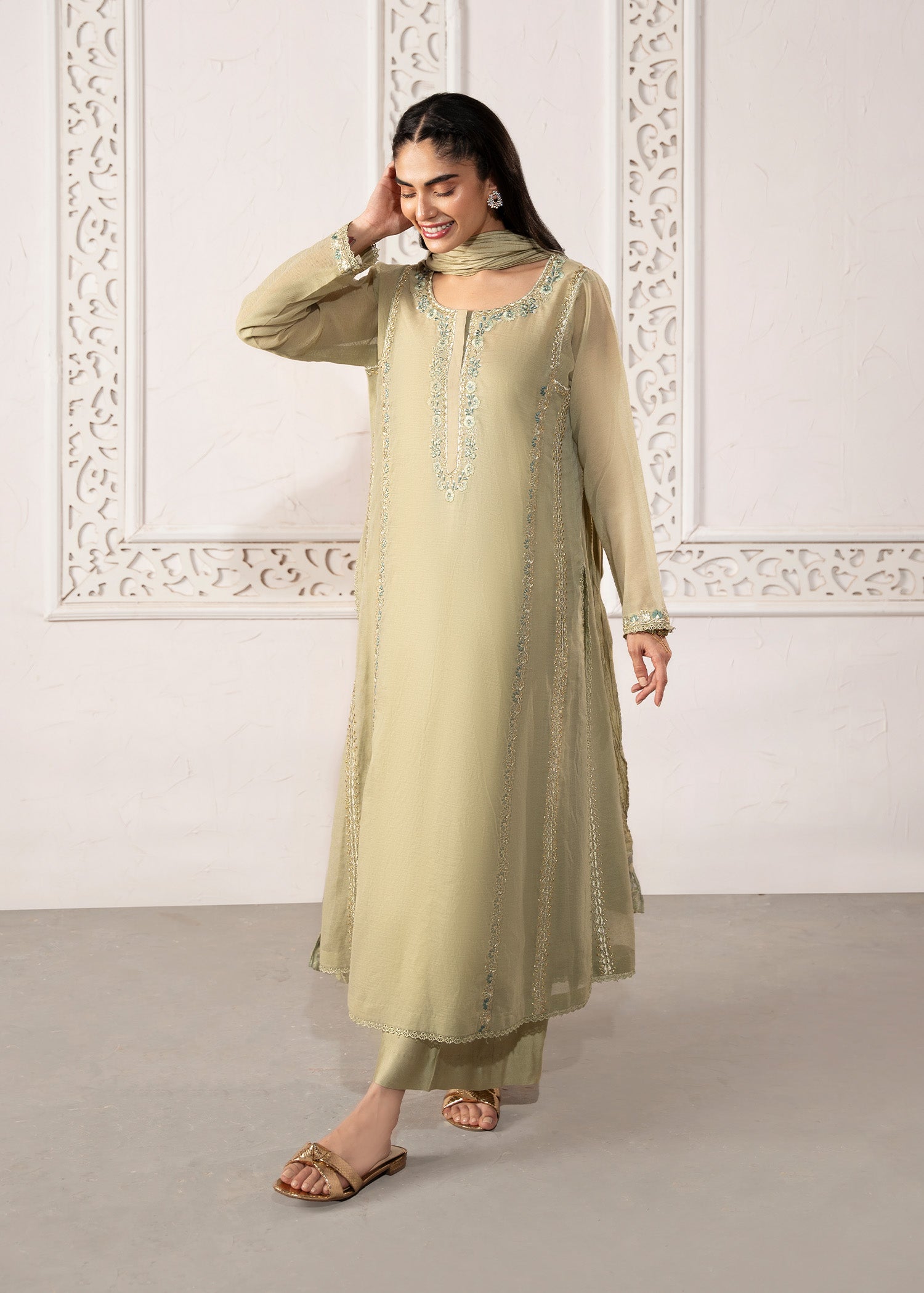 Pakistani Sage Green Embroidered Cotton Silk Kalidaar Kurta (3-Piece) - Image 5
