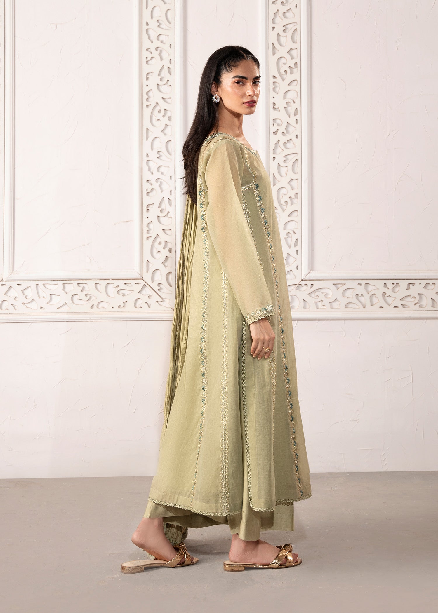 Pakistani Sage Green Embroidered Cotton Silk Kalidaar Kurta (3-Piece) - Image 6