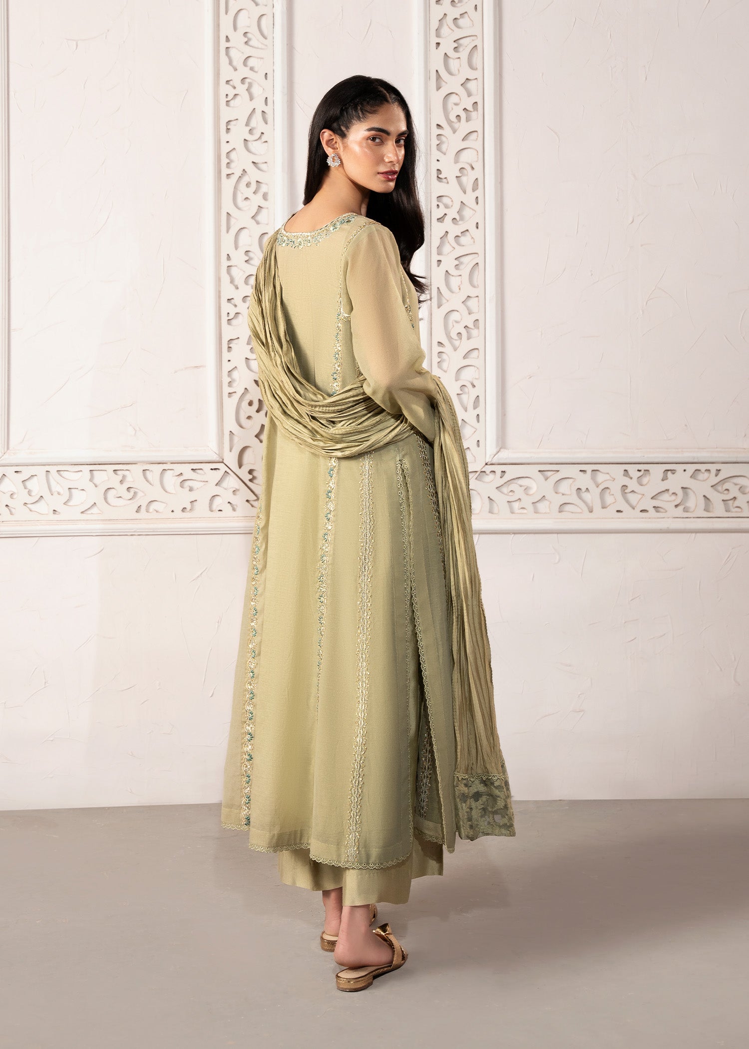 Pakistani Sage Green Embroidered Cotton Silk Kalidaar Kurta (3-Piece) - Image 7