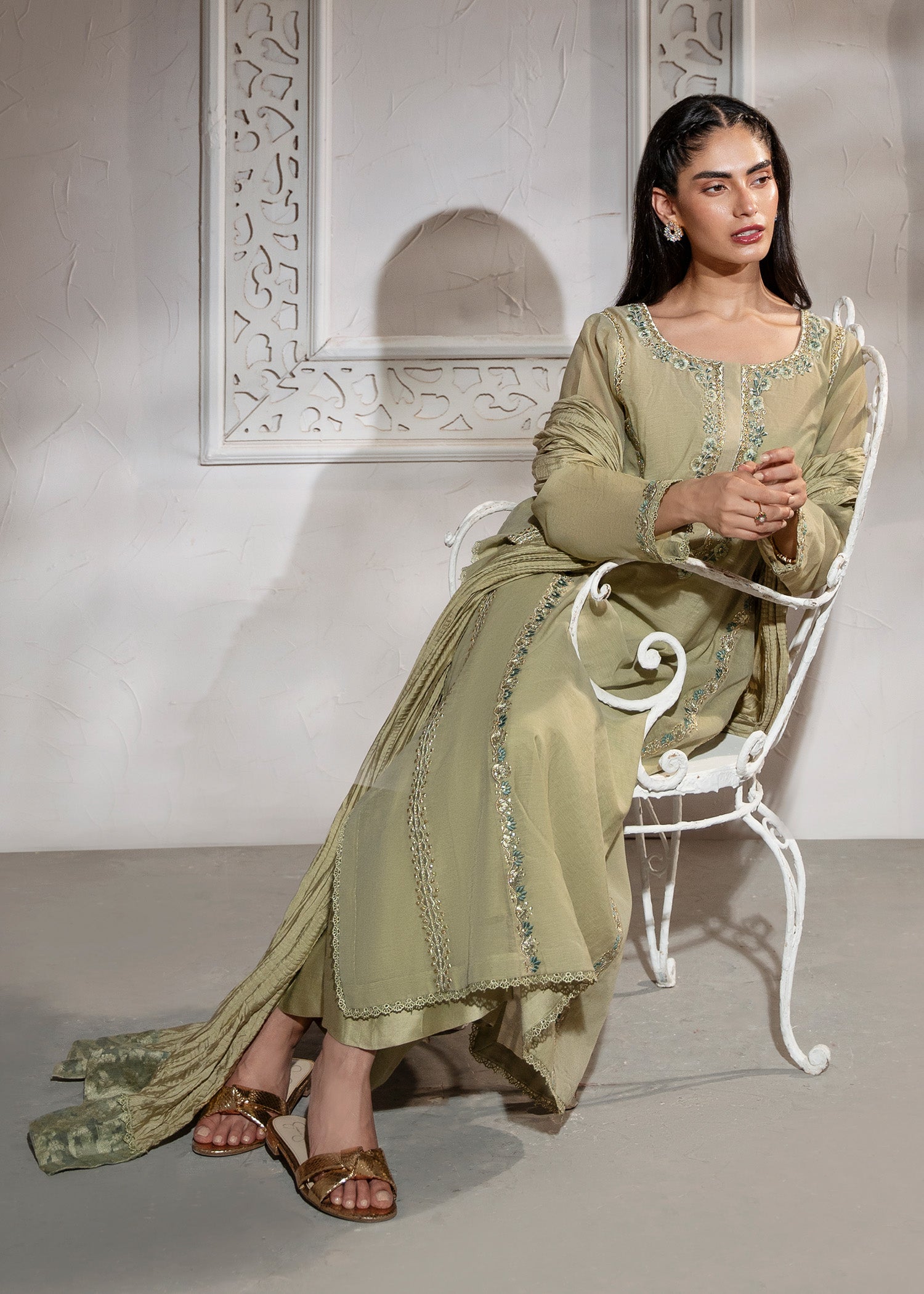 Pakistani Sage Green Embroidered Cotton Silk Kalidaar Kurta (3-Piece) - Image 8