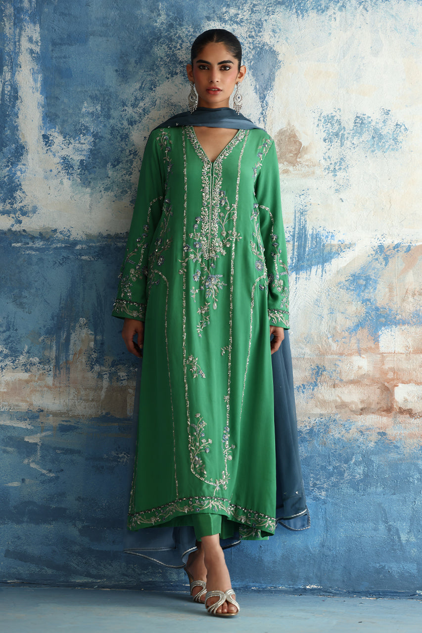 Green Embroidered Crepe Silk Salwar Kameez (3-Piece) - Image 1