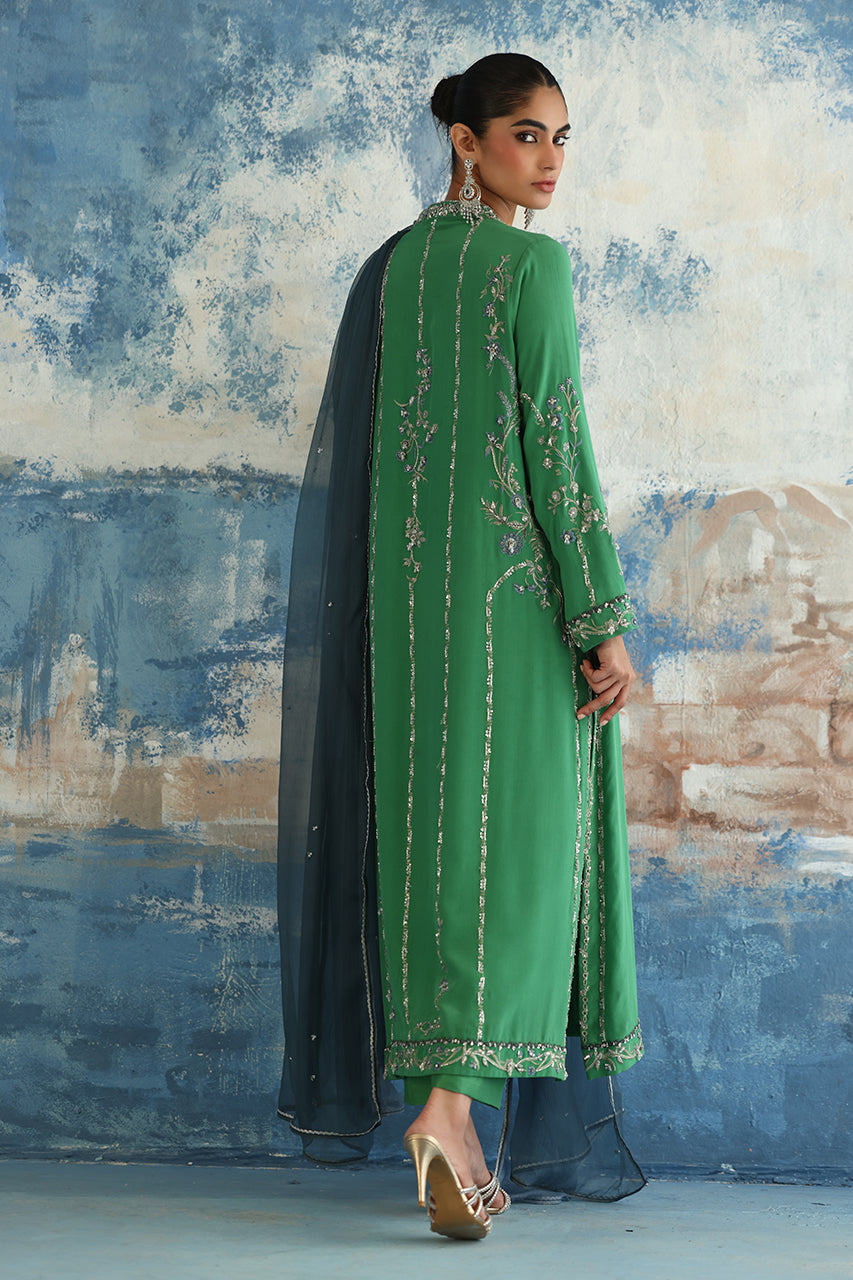 Green Embroidered Crepe Silk Salwar Kameez (3-Piece) - Image 2