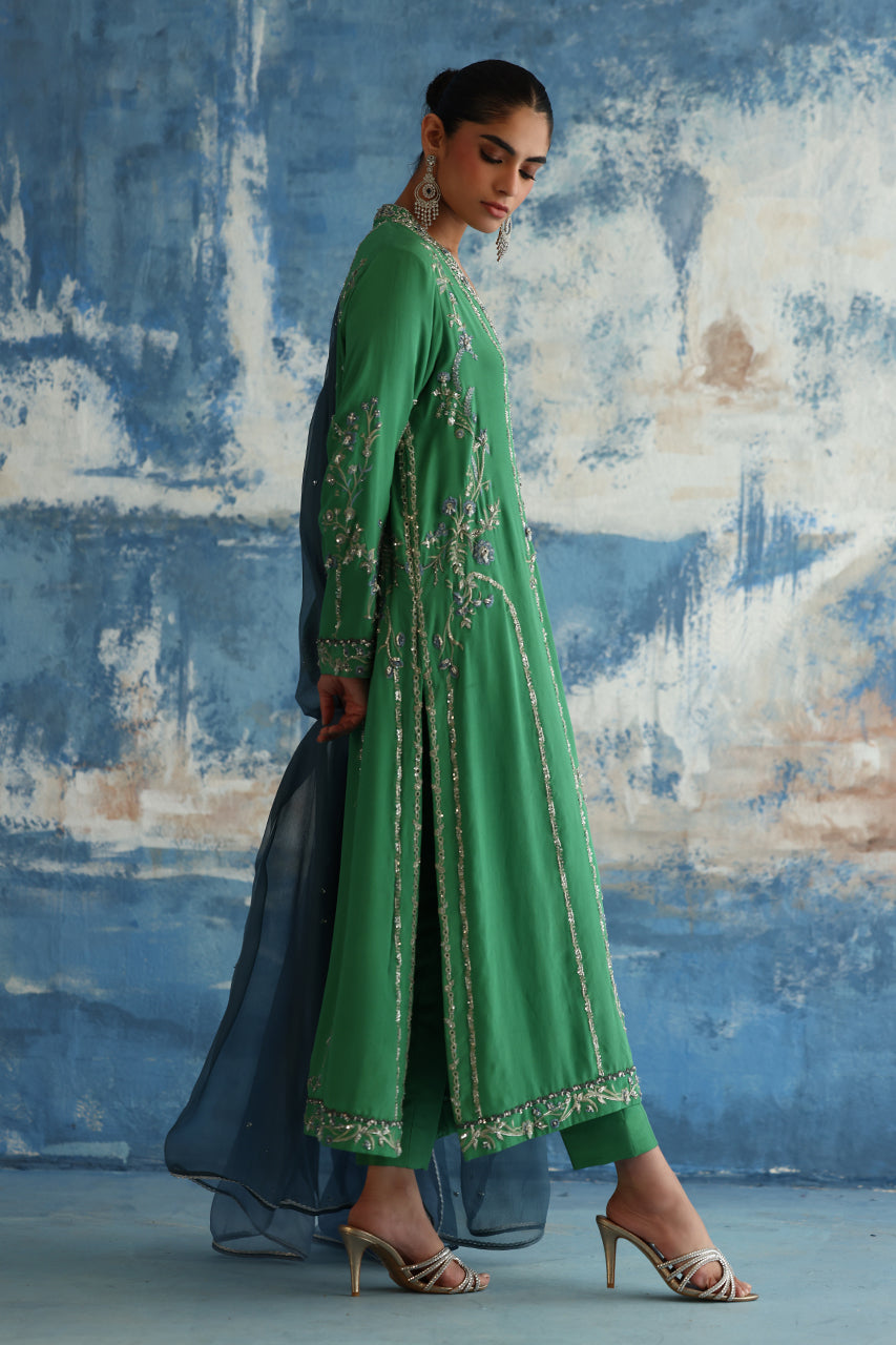 Green Embroidered Crepe Silk Salwar Kameez (3-Piece) - Image 3