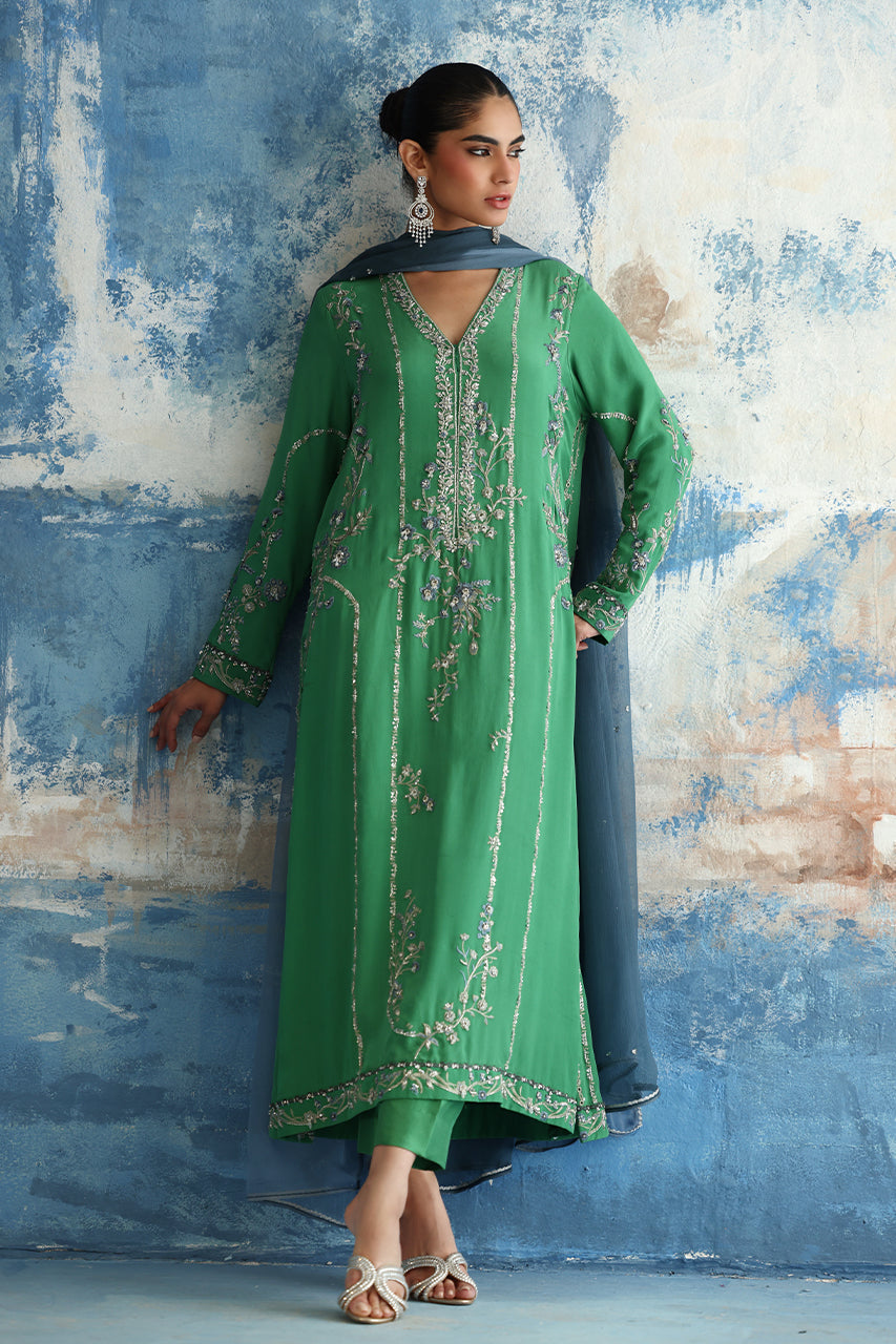 Green Embroidered Crepe Silk Salwar Kameez (3-Piece) - Image 5