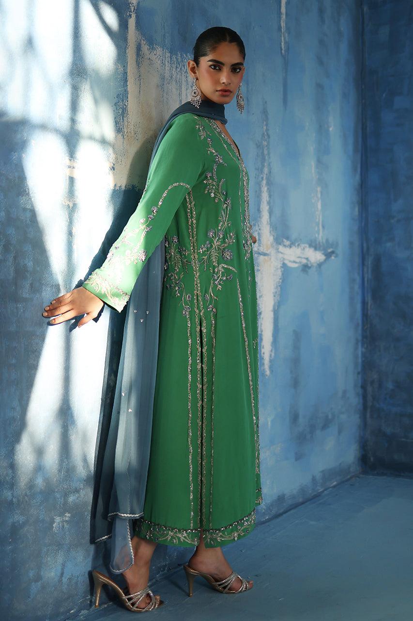 Green Embroidered Crepe Silk Salwar Kameez (3-Piece) - Image 6