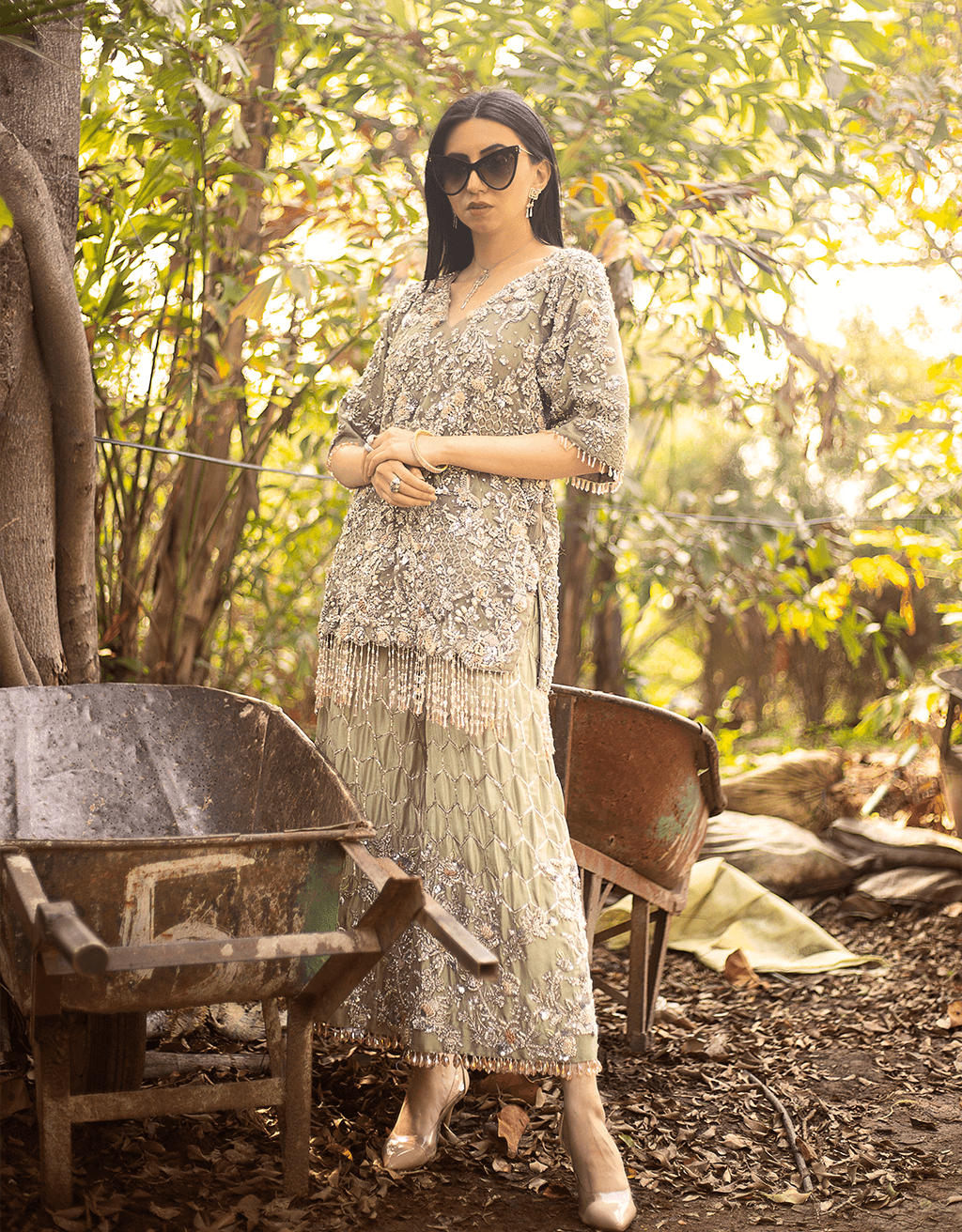 Sage Green Embroidered Net Salwar Kameez (2-Piece) - Image 1