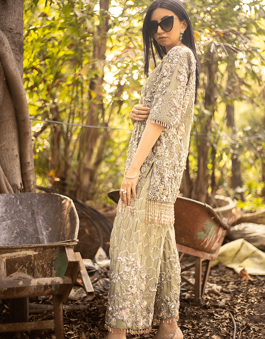 Sage Green Embroidered Net Salwar Kameez (2-Piece) - Image 2