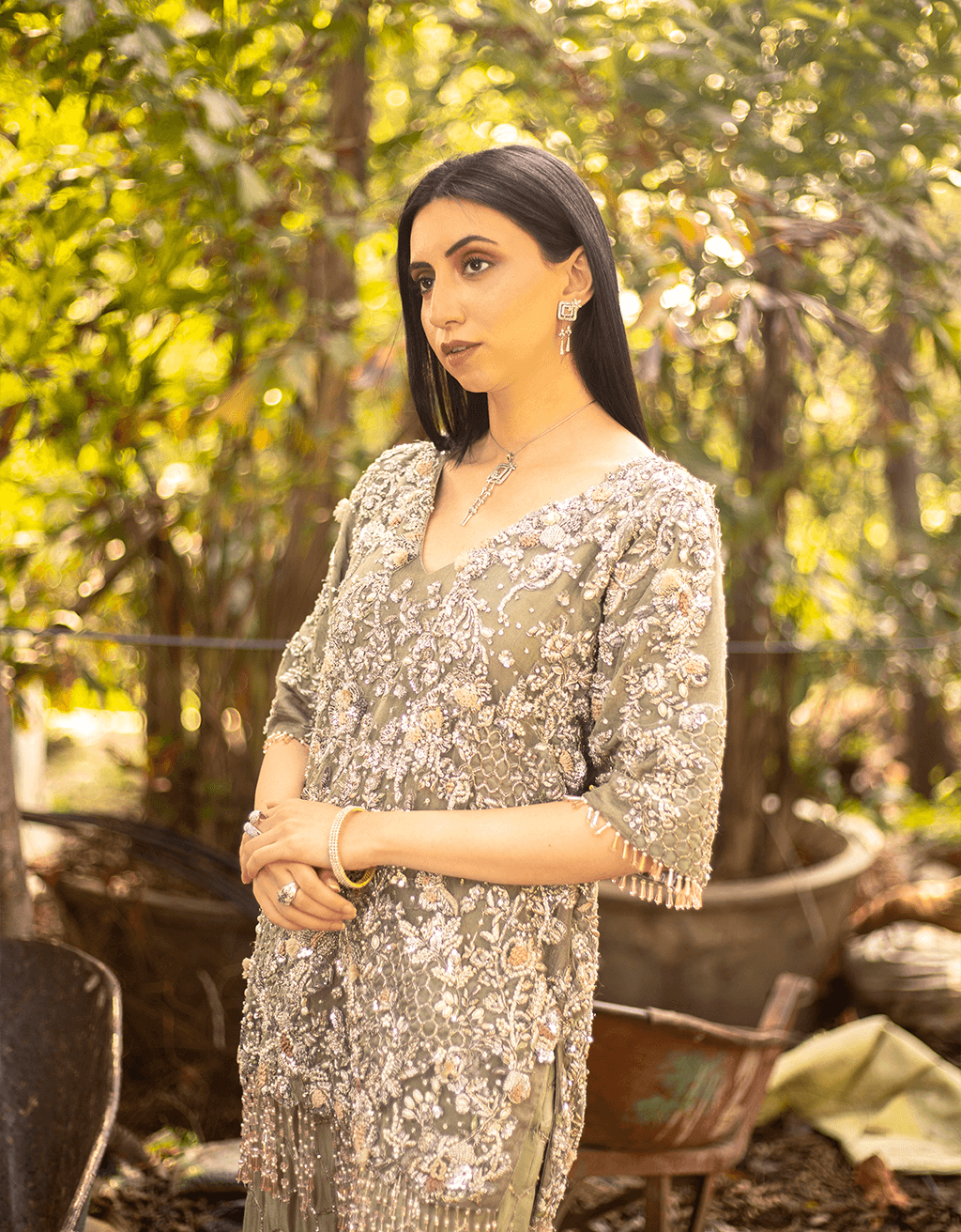 Sage Green Embroidered Net Salwar Kameez (2-Piece) - Image 3