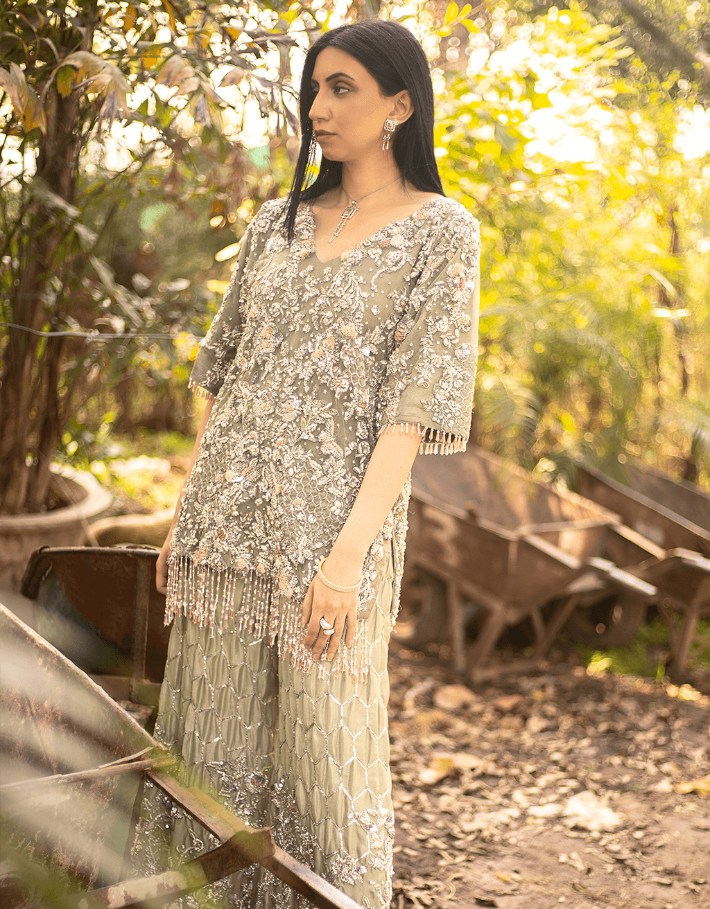 Sage Green Embroidered Net Salwar Kameez (2-Piece) - Image 4