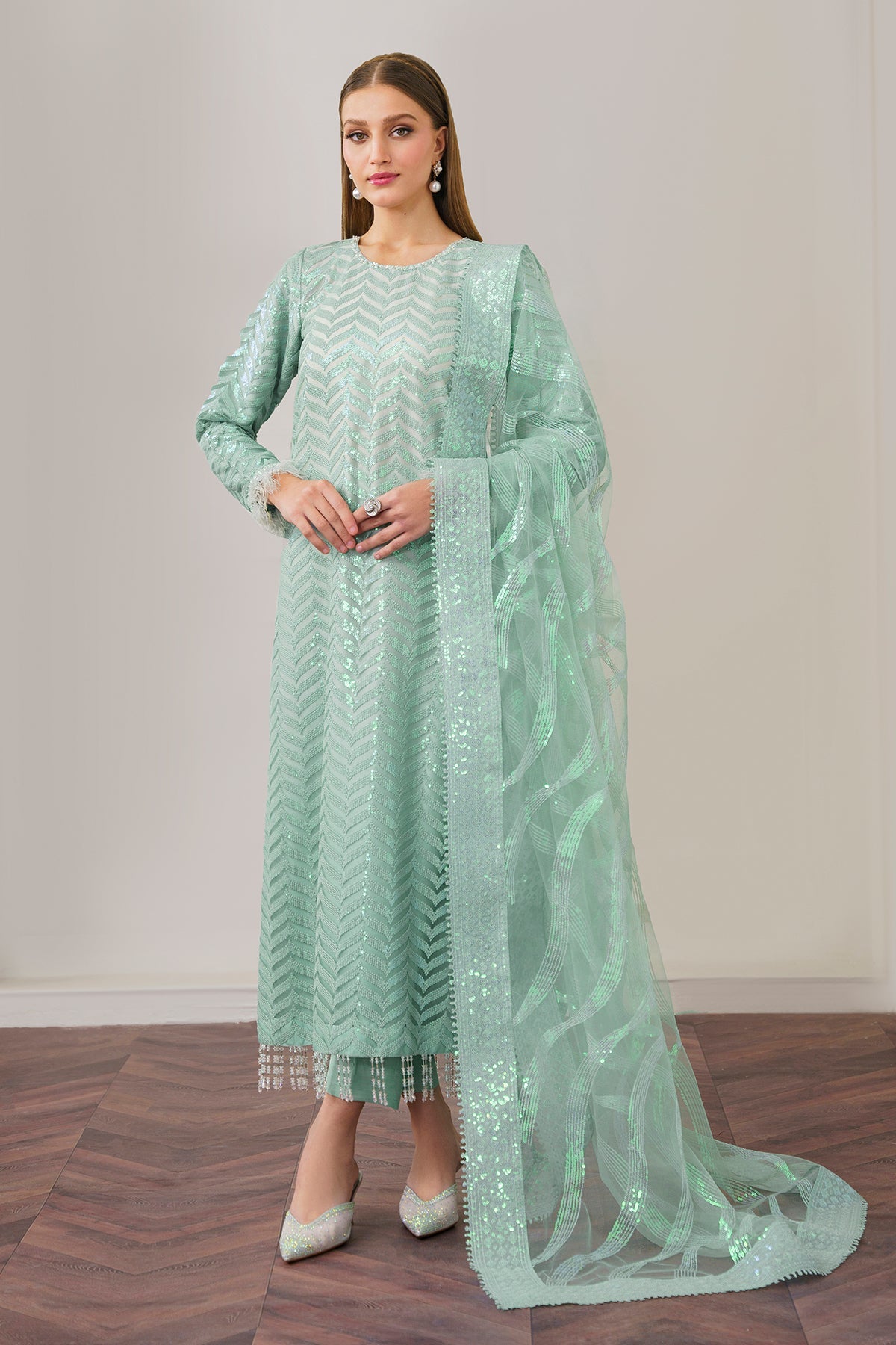 Pakistani Mint Green Embroidered Net Salwar Kameez (3-Piece) - Image 1