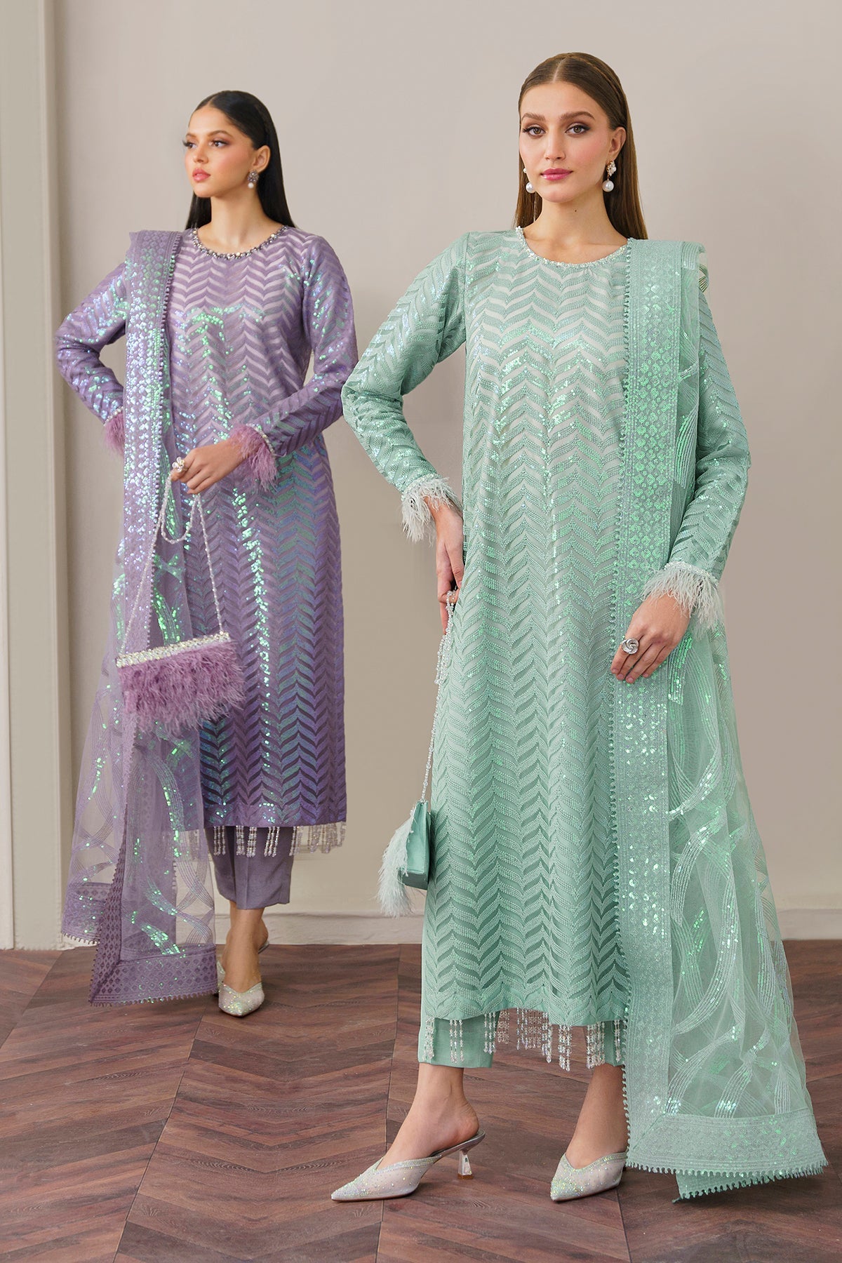 Pakistani Mint Green Embroidered Net Salwar Kameez (3-Piece) - Image 10