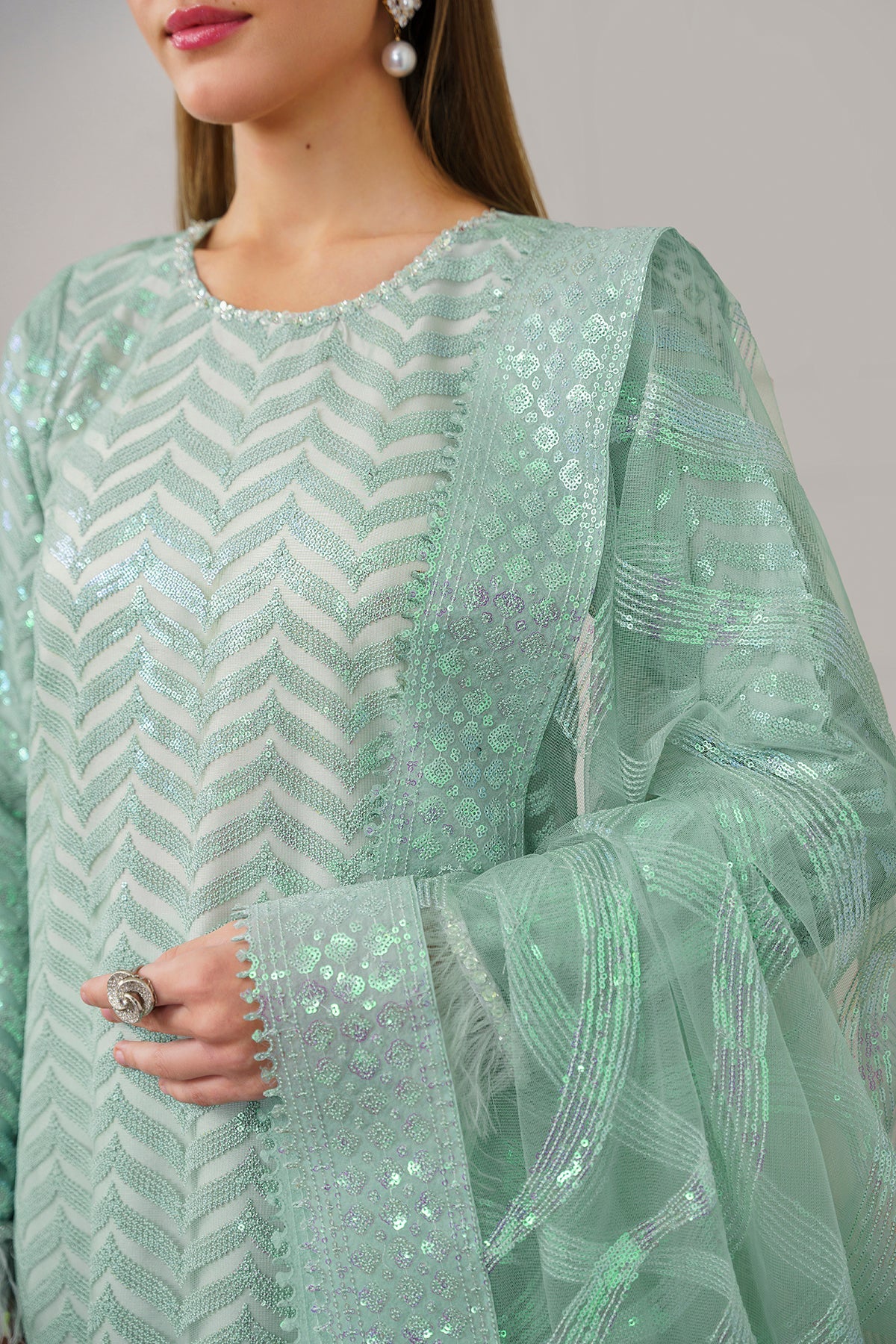 Pakistani Mint Green Embroidered Net Salwar Kameez (3-Piece) - Image 3