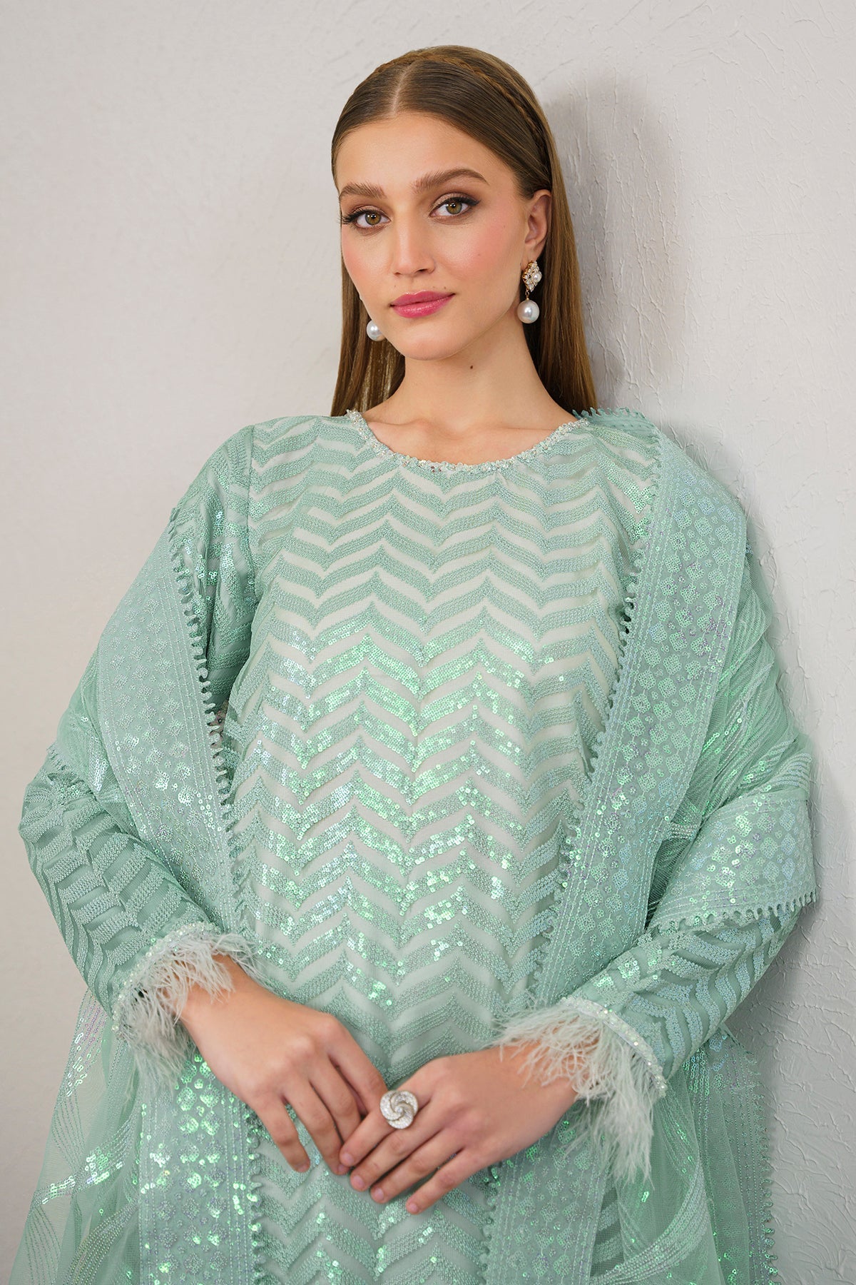 Pakistani Mint Green Embroidered Net Salwar Kameez (3-Piece) - Image 4