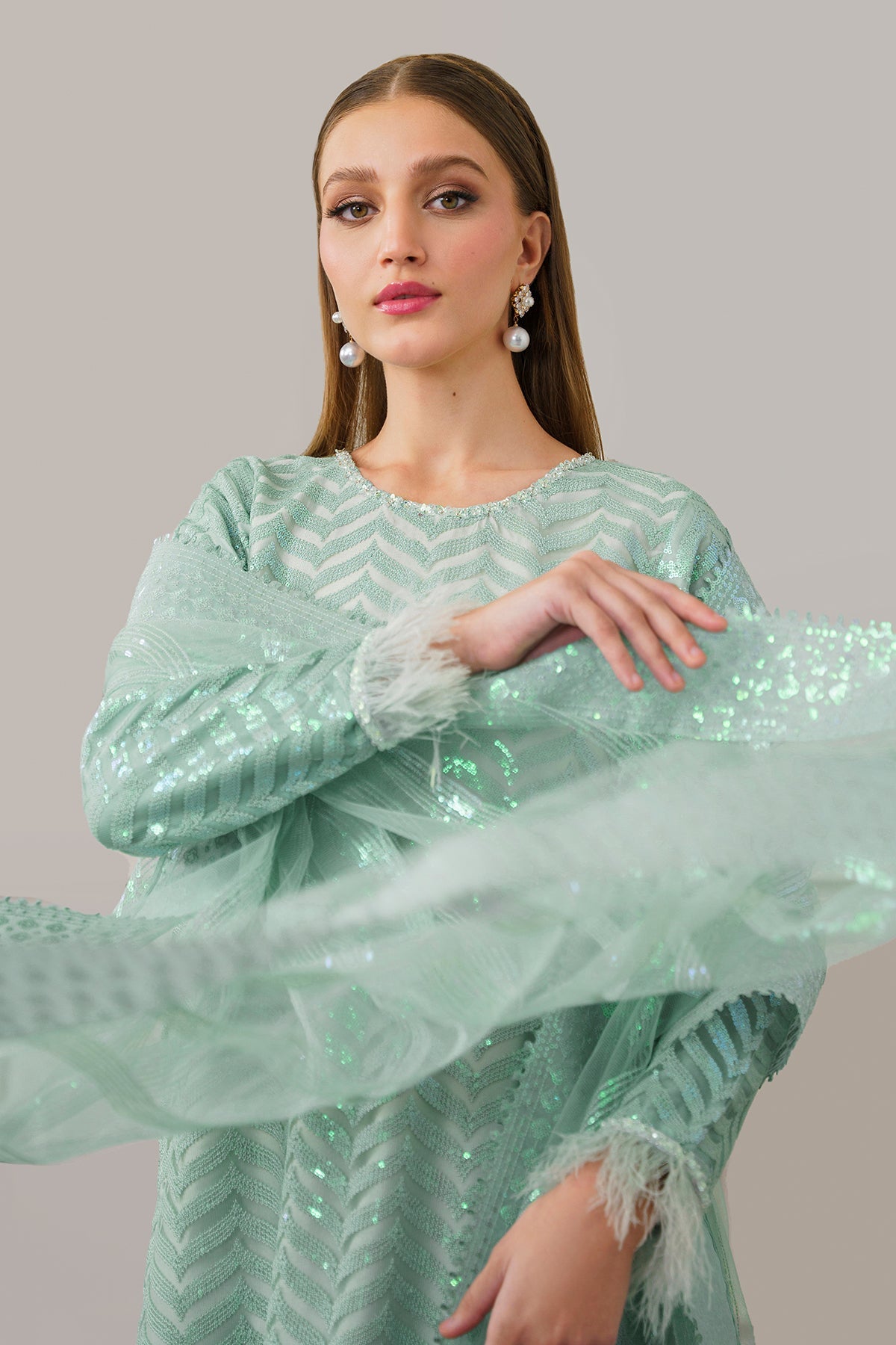 Pakistani Mint Green Embroidered Net Salwar Kameez (3-Piece) - Image 5