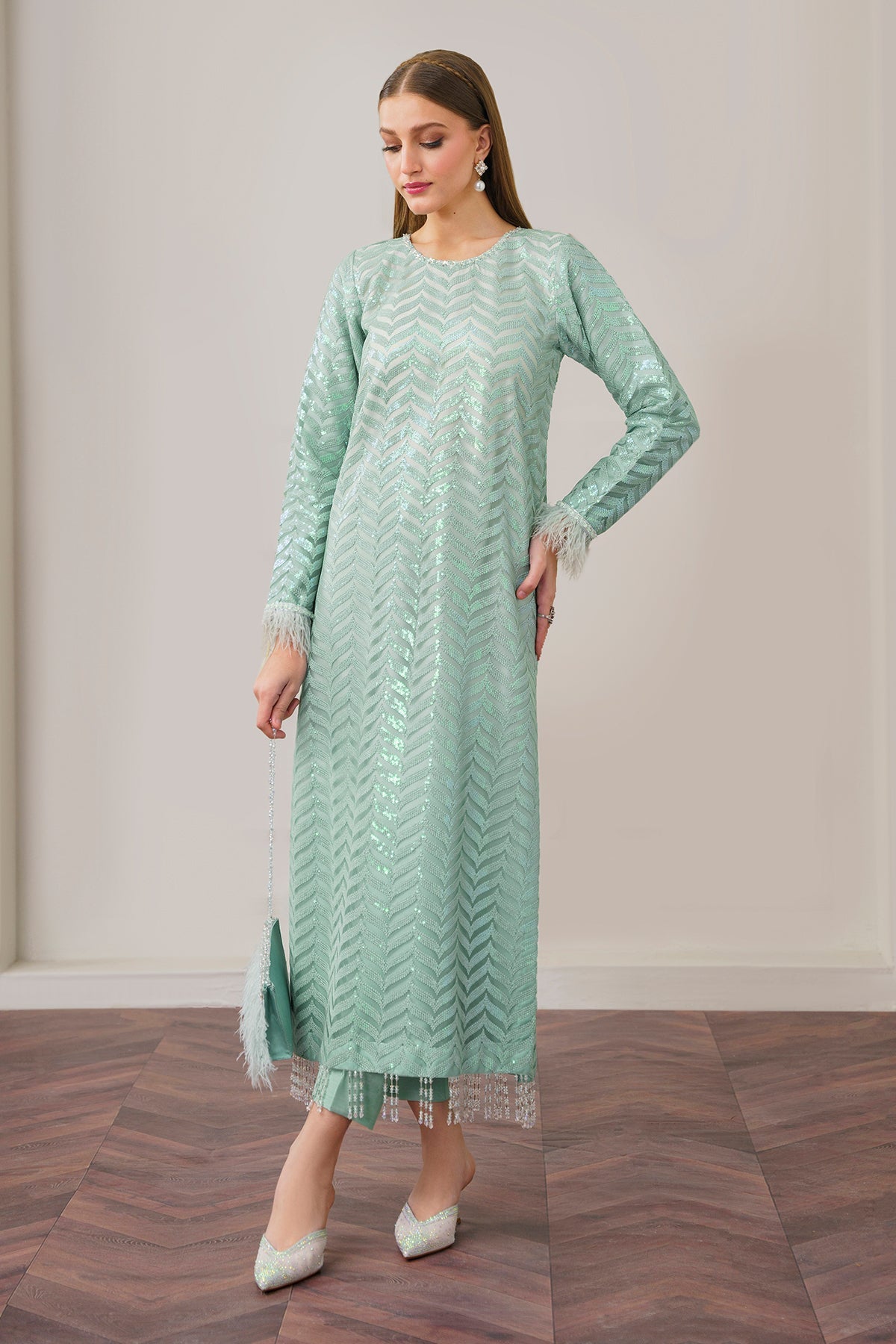 Pakistani Mint Green Embroidered Net Salwar Kameez (3-Piece) - Image 7