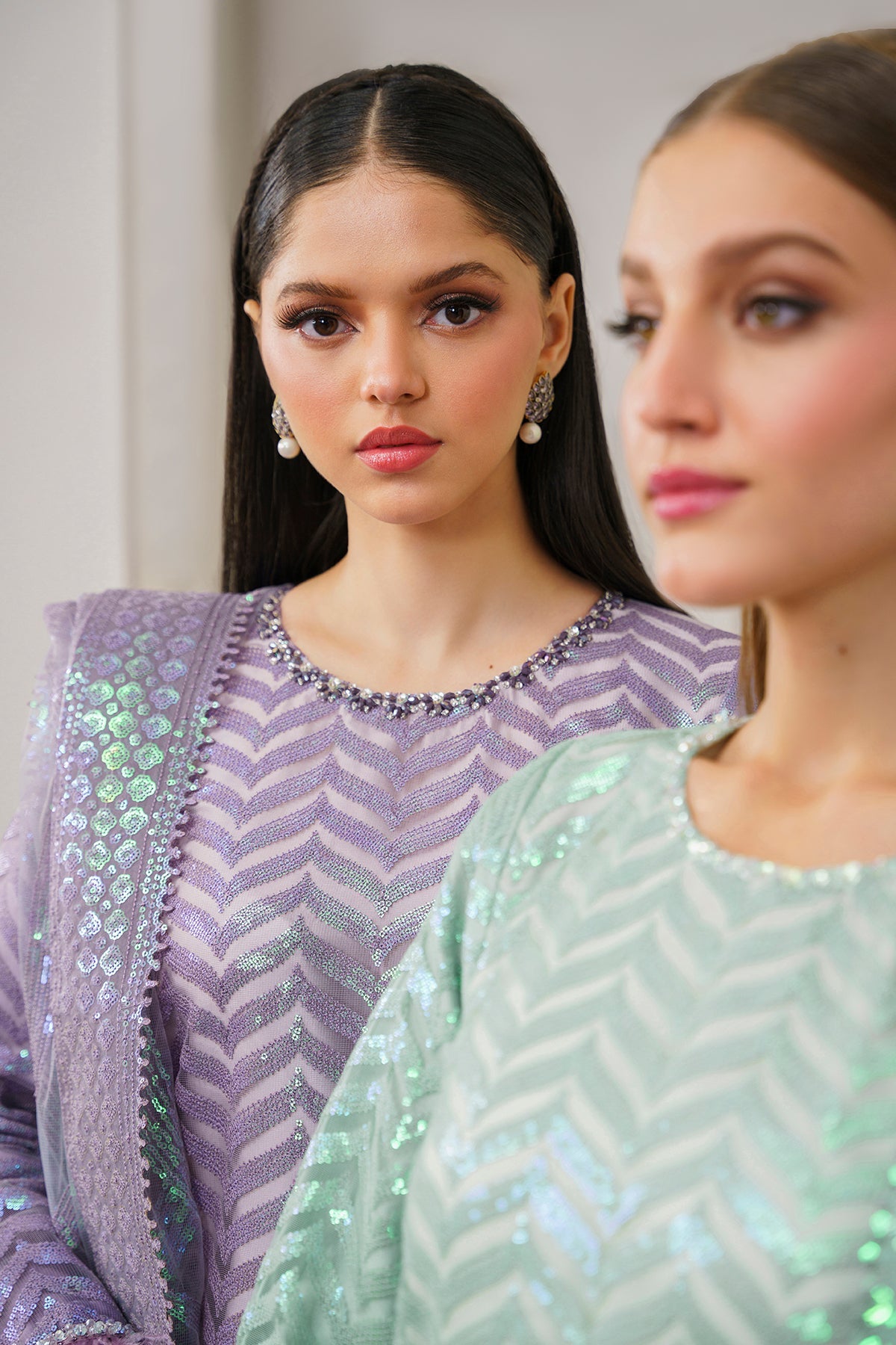 Pakistani Mint Green Embroidered Net Salwar Kameez (3-Piece) - Image 8