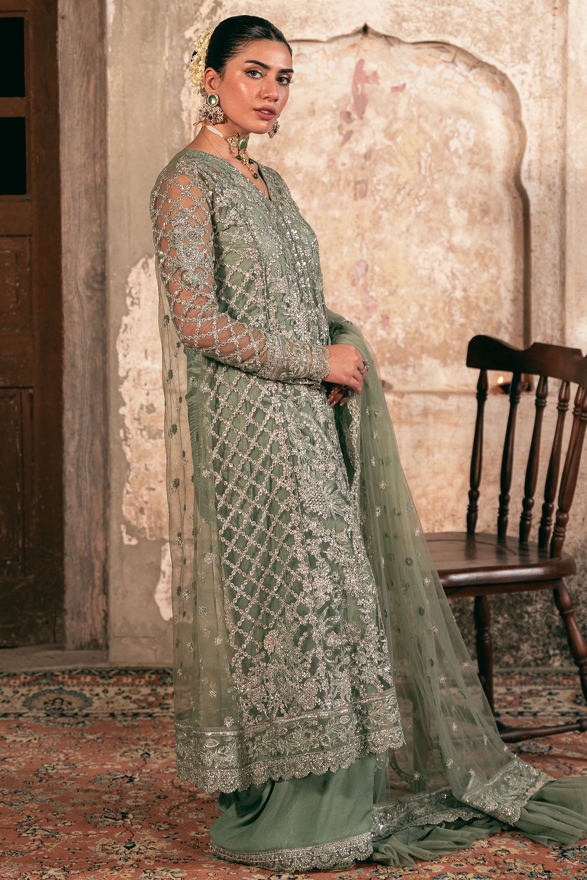 Pakistani Sage Green Embroidered Net and Silk Salwar Kameez (3-Piece) - Image 1