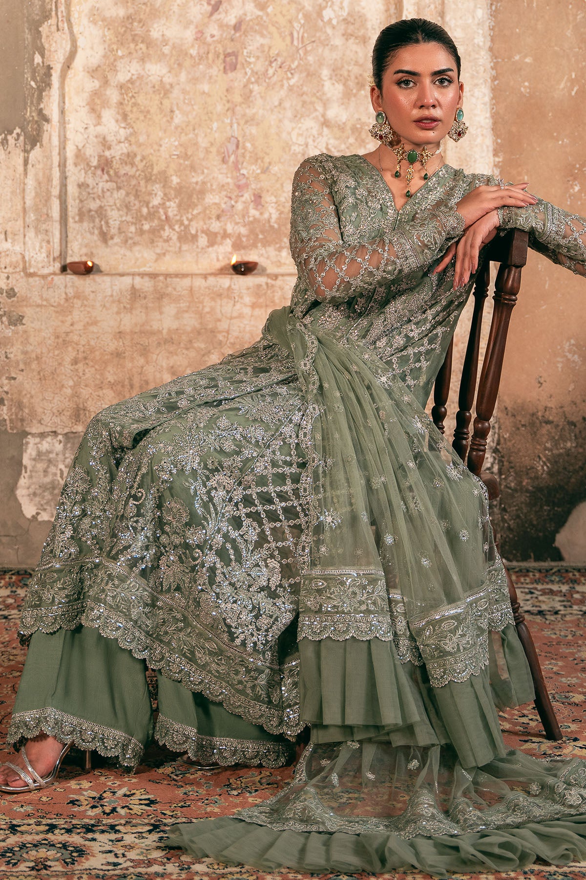 Pakistani Sage Green Embroidered Net and Silk Salwar Kameez (3-Piece) - Image 3