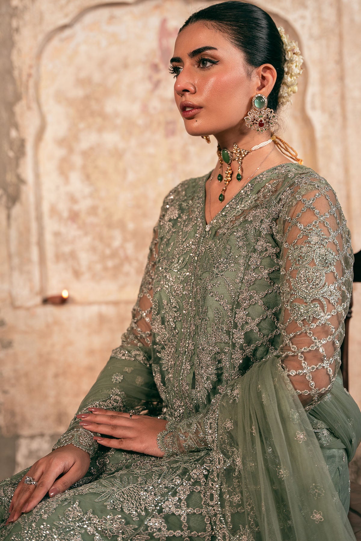 Pakistani Sage Green Embroidered Net and Silk Salwar Kameez (3-Piece) - Image 4