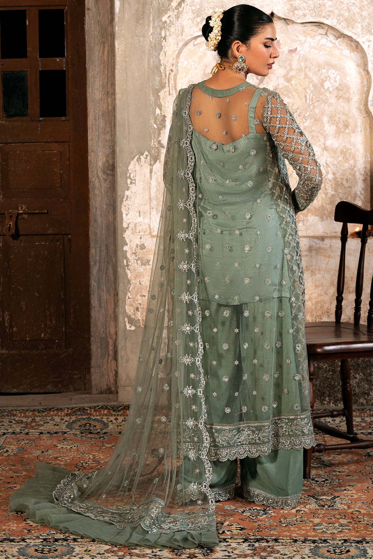 Pakistani Sage Green Embroidered Net and Silk Salwar Kameez (3-Piece) - Image 5