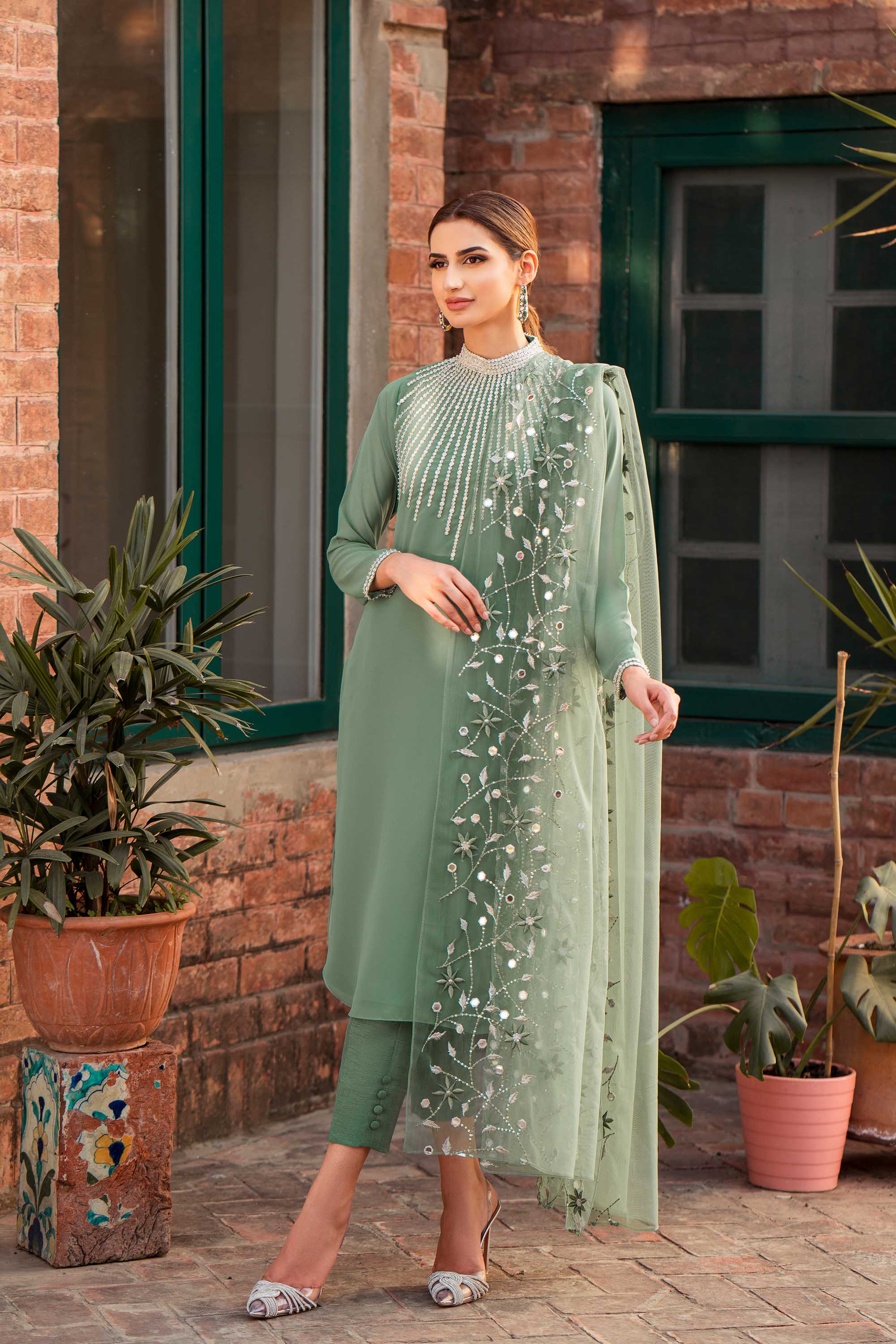 Jade Green Crystal Georgette Chiffon Salwar Kameez (3-Piece) - Image 5
