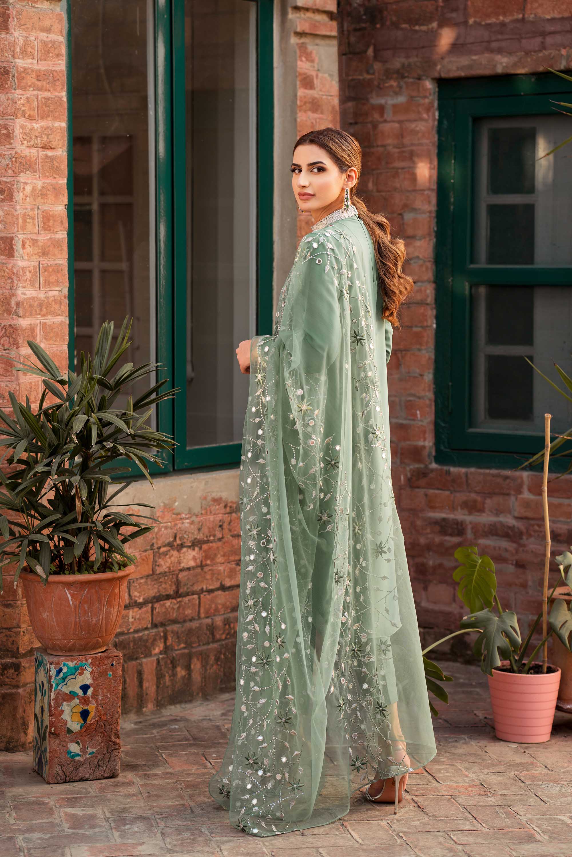 Jade Green Crystal Georgette Chiffon Salwar Kameez (3-Piece) - Image 6
