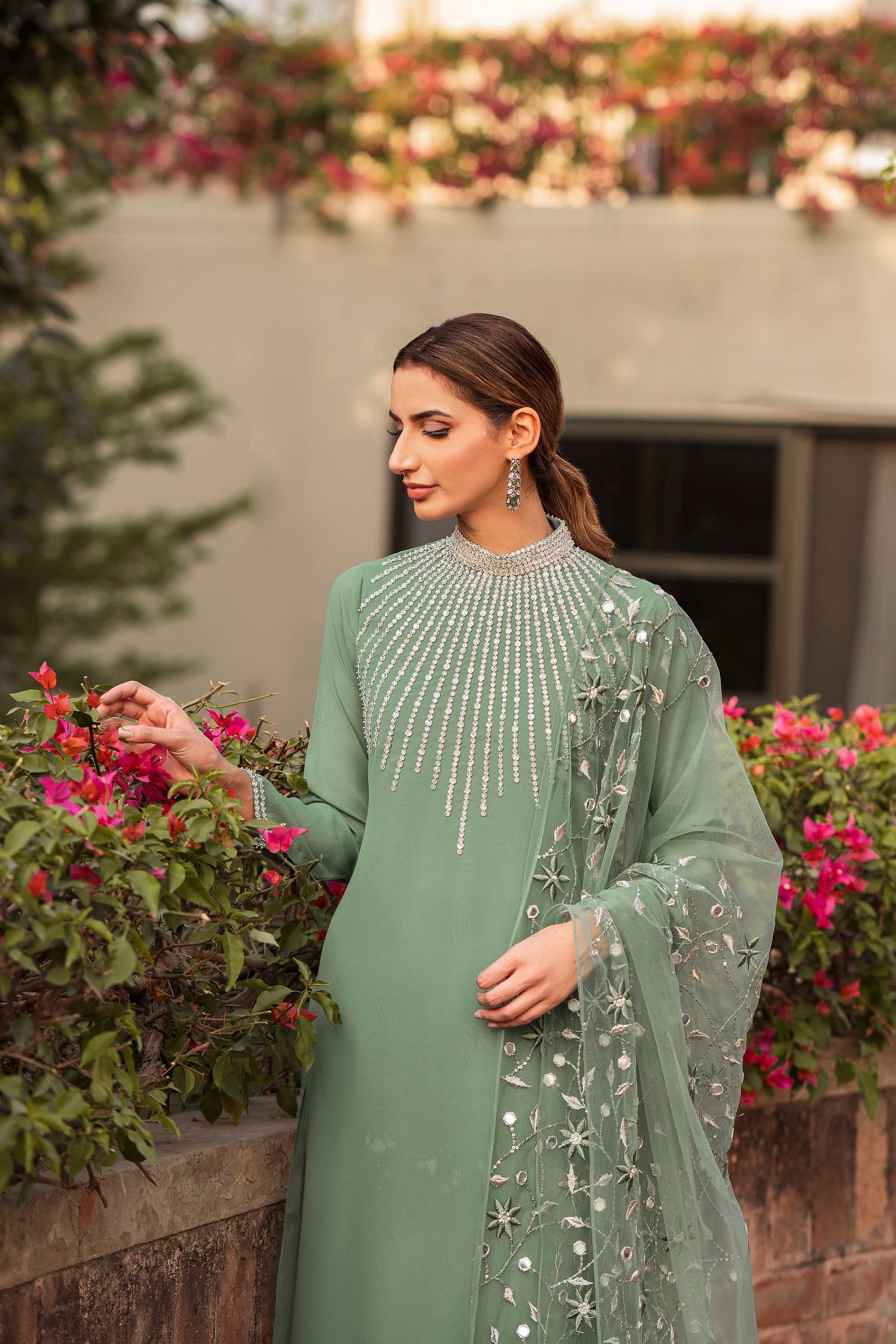 Jade Green Crystal Georgette Chiffon Salwar Kameez (3-Piece) - Image 7
