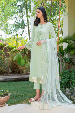 Mint Green Sequinned Georgette Chiffon Salwar Kameez (3-Piece) - Image 1