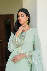 Mint Green Sequinned Georgette Chiffon Salwar Kameez (3-Piece) - Image 3