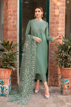 Jade Green Crystal Georgette Chiffon Salwar Kameez (3-Piece) - Image 1