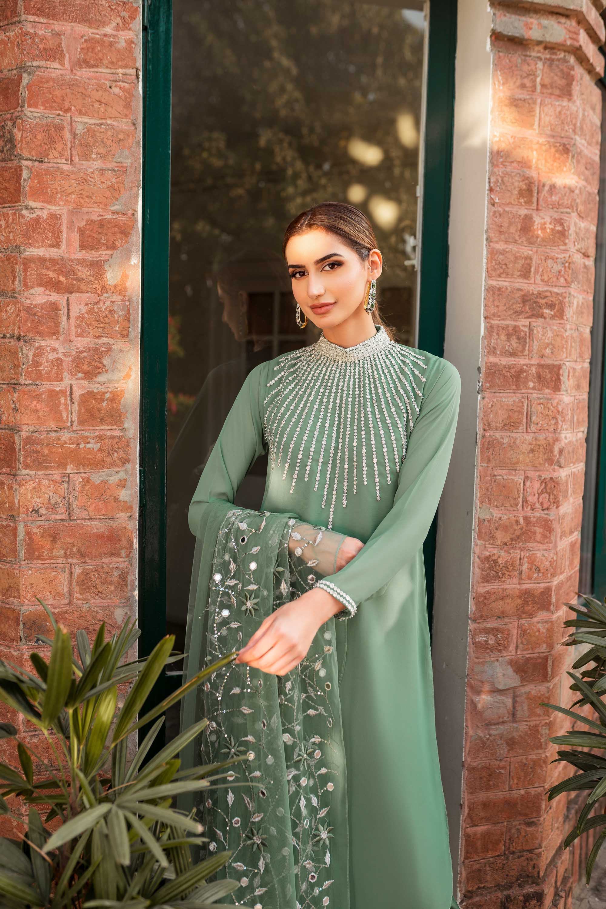 Jade Green Crystal Georgette Chiffon Salwar Kameez (3-Piece) - Image 4