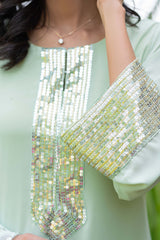 Mint Green Sequinned Georgette Chiffon Salwar Kameez (3-Piece) - Image 8