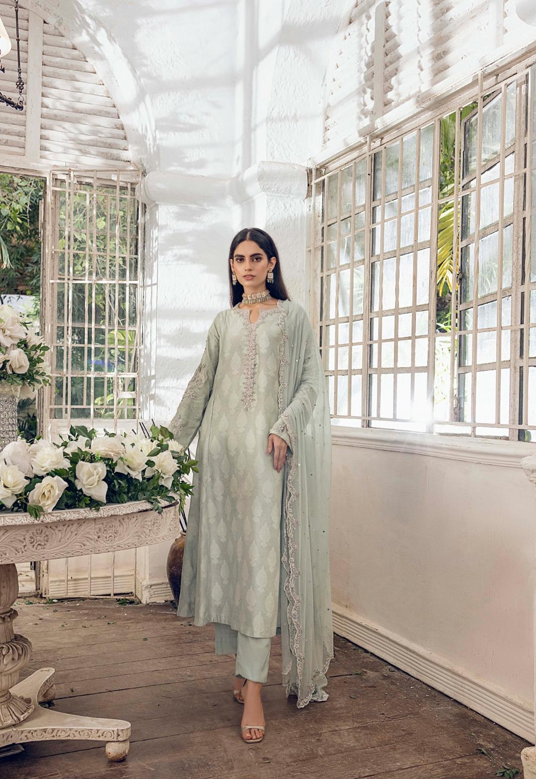 Mint Green Zardozi Handloom Net Salwar Kameez (3-Piece) - Image 1