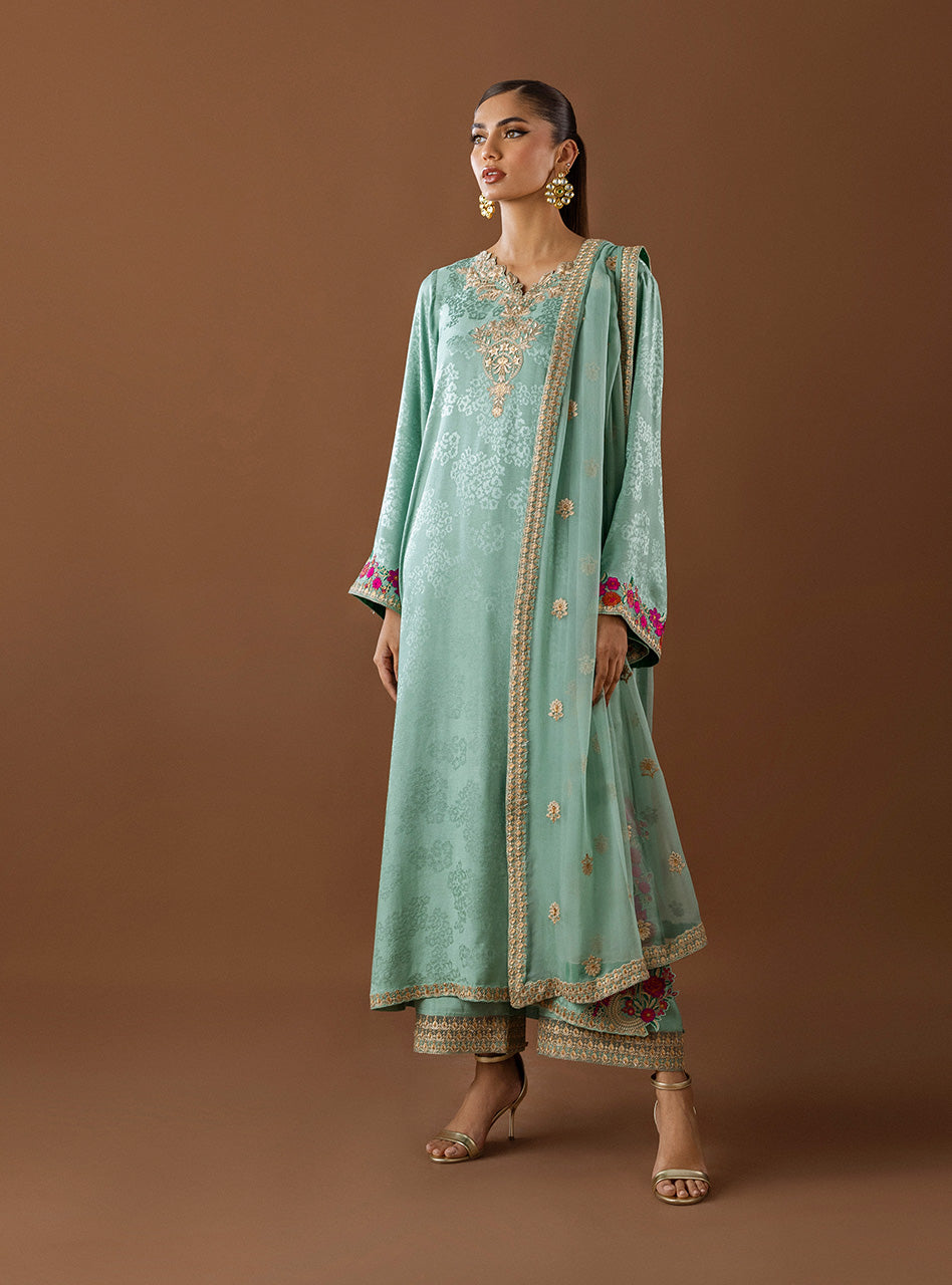 Pakistani Mint Green Embroidered Self-Jacquard Salwar Kameez (3-Piece) - Image 1