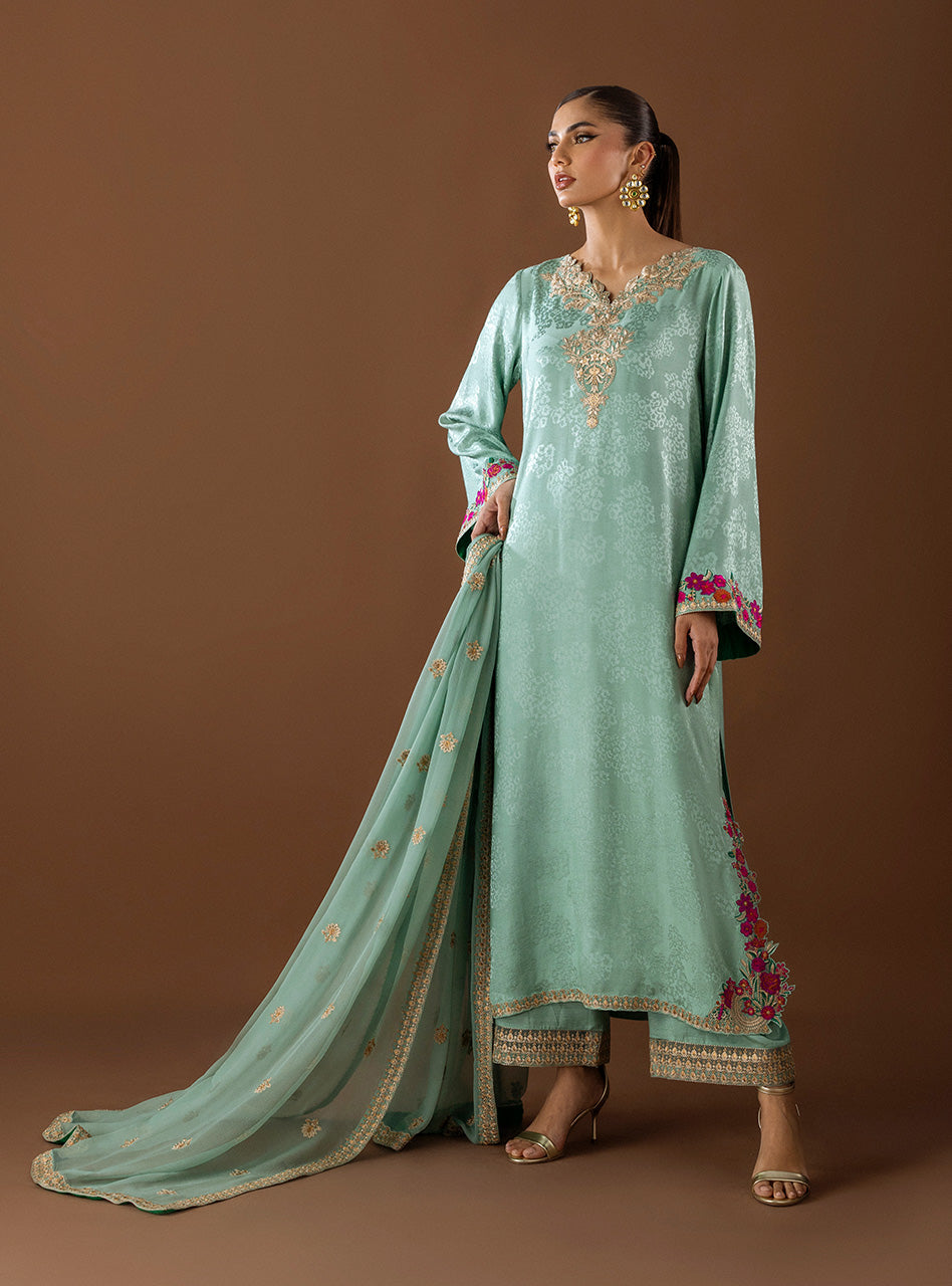 Pakistani Mint Green Embroidered Self-Jacquard Salwar Kameez (3-Piece) - Image 4